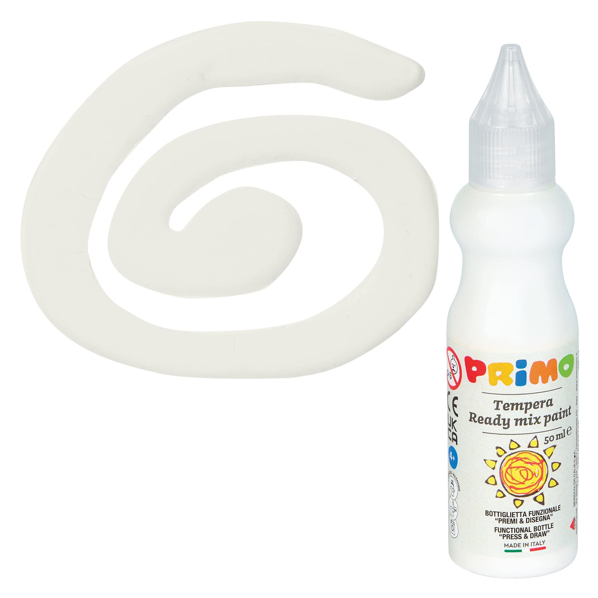 Primo Tempera Paint - White, 50 ml bottle and swatch
