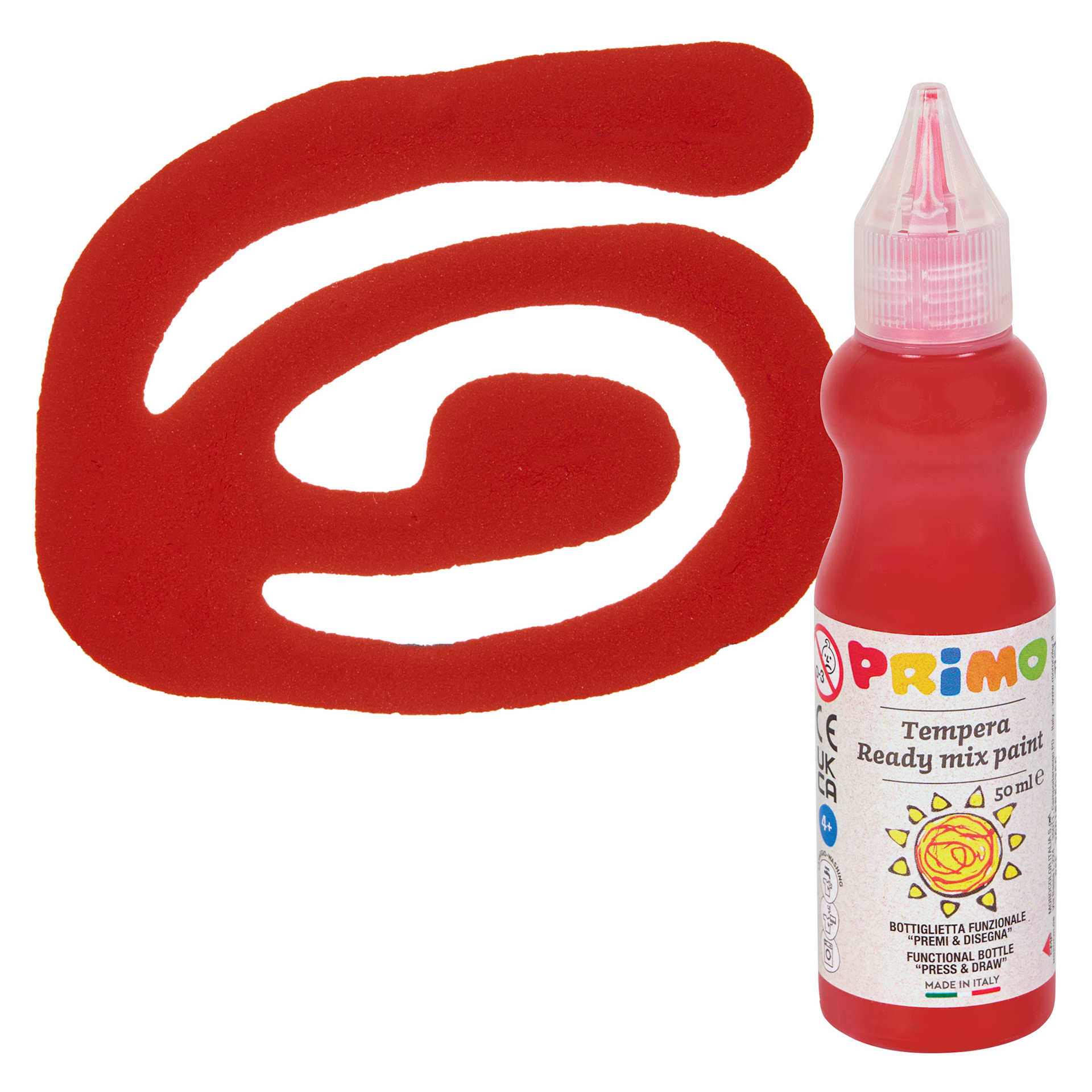 Primo Tempera Paint - Vermilion, 50 ml bottle and swatch