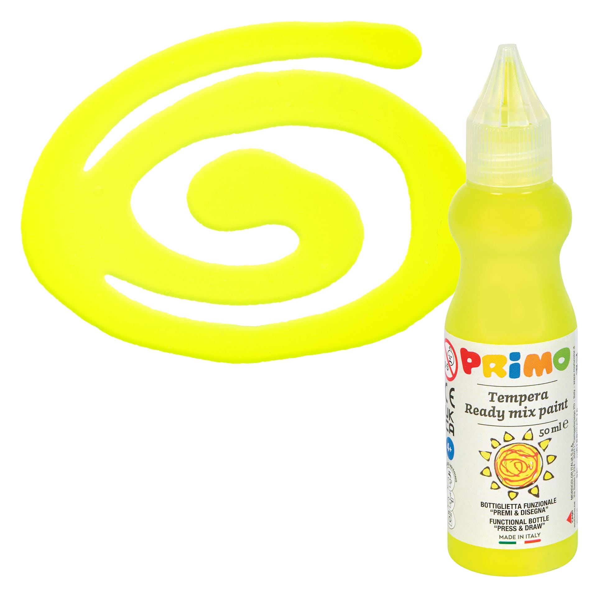 Primo Tempera Paint - Fluorescent Yellow, 50 ml bottle and swatch