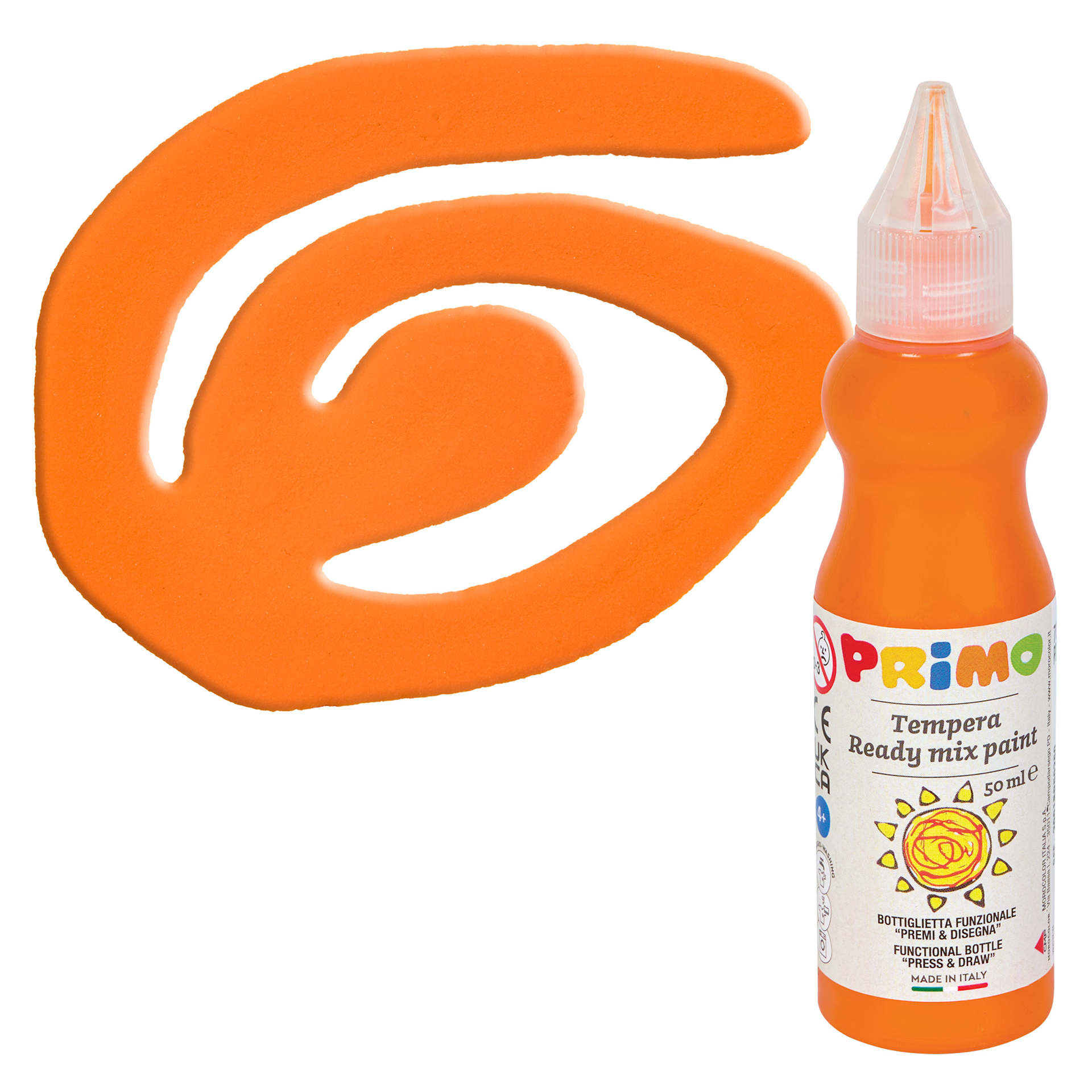 Primo Tempera Paint - Orange, 50 ml bottle and swatch