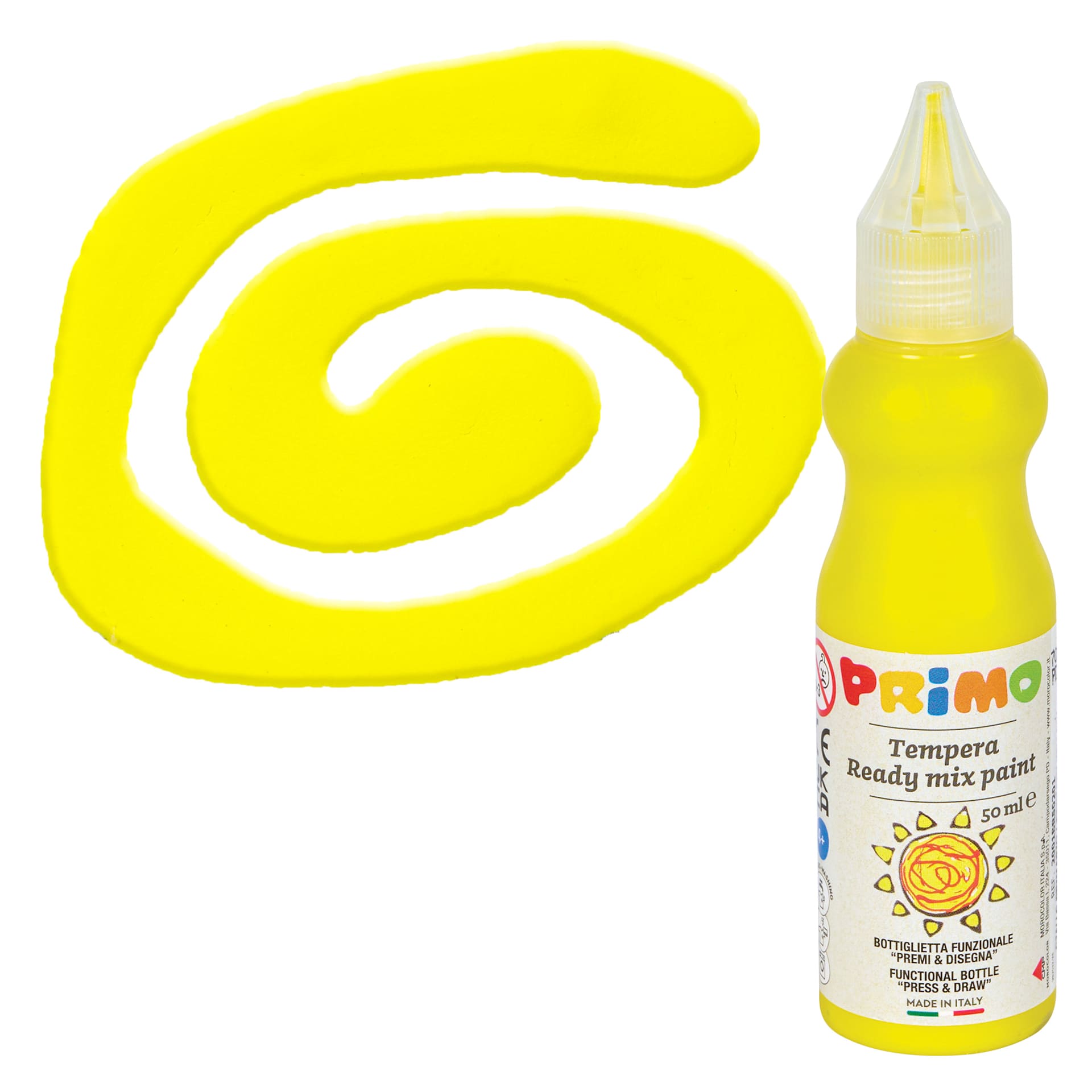 Primo Tempera Paint - Primary Yellow, 50 ml bottle and swatch