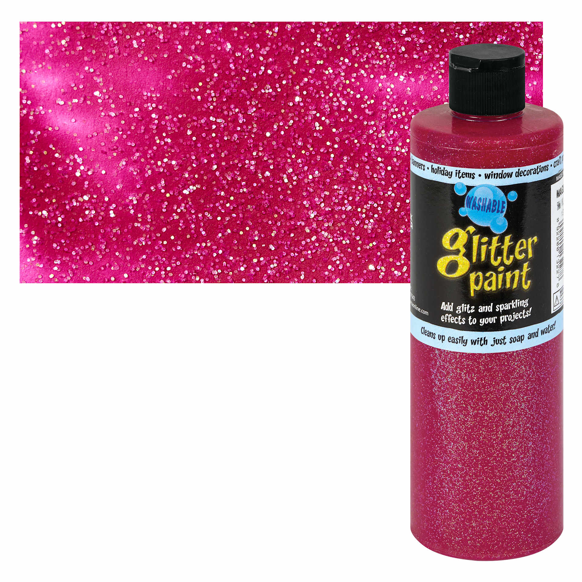 Chroma Glitter Tempera Paint - Magenta Glitter, 16 oz bottle and swatch