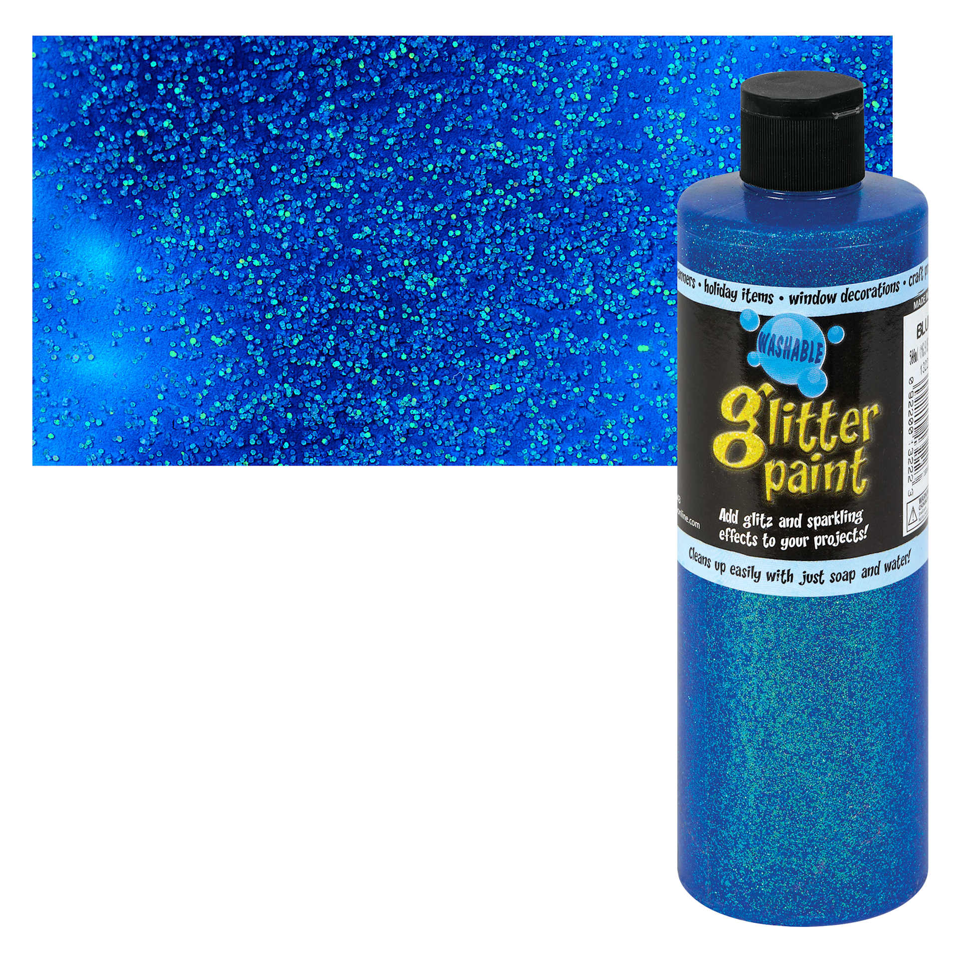 Chroma Glitter Tempera Paint - Blue Glitter, 16 oz bottle and swatch