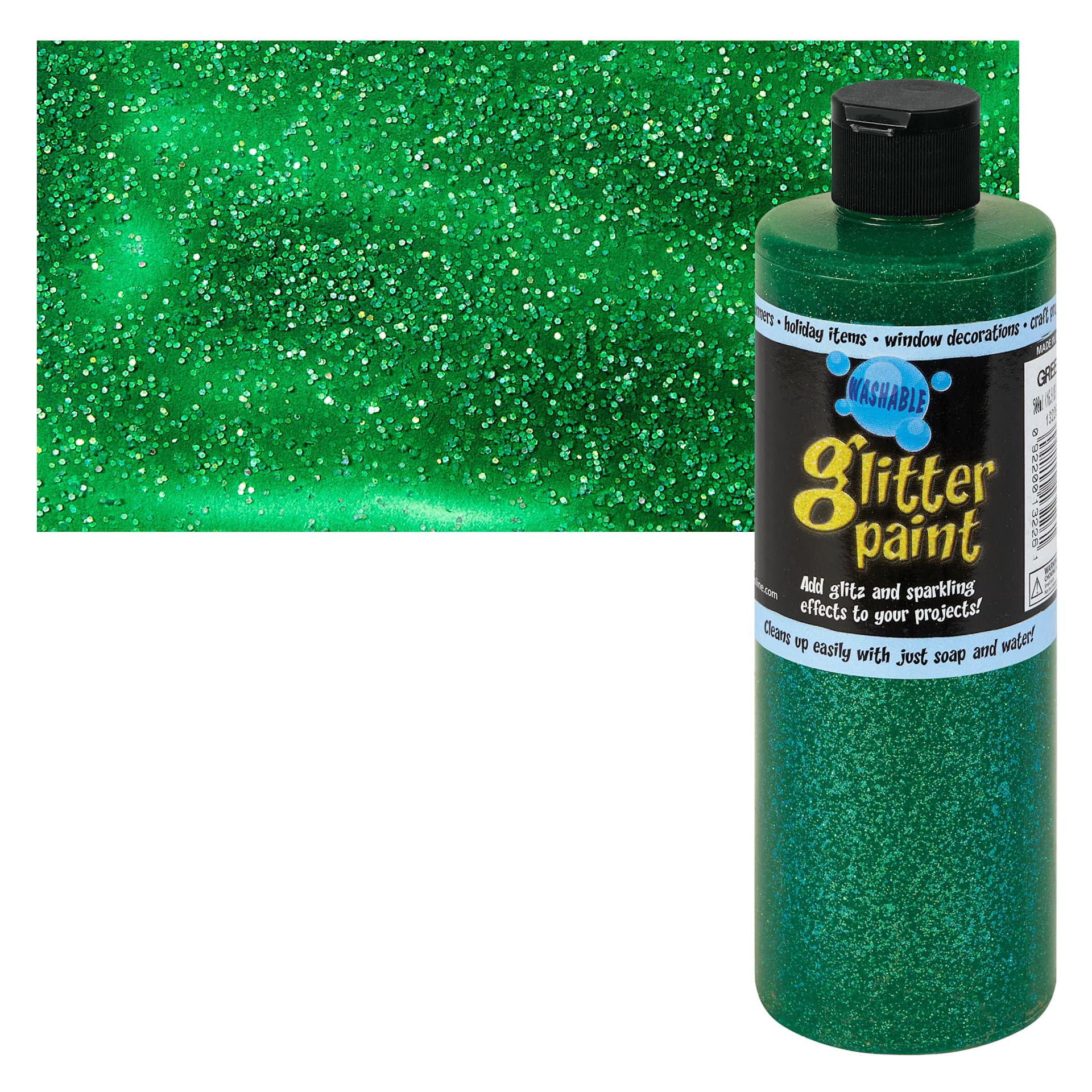 Chroma Glitter Tempera Paint - Green Glitter, 16 oz bottle and swatch