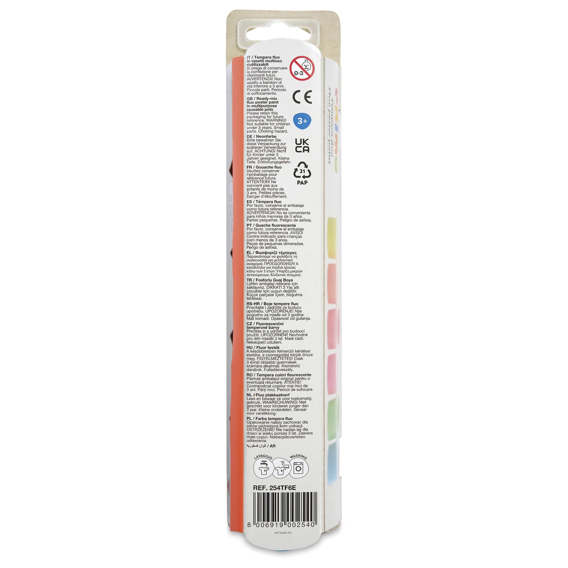 Primo Premium Tempera Paints - Set of 6, Fluorescent Colors, 25 ml back of package