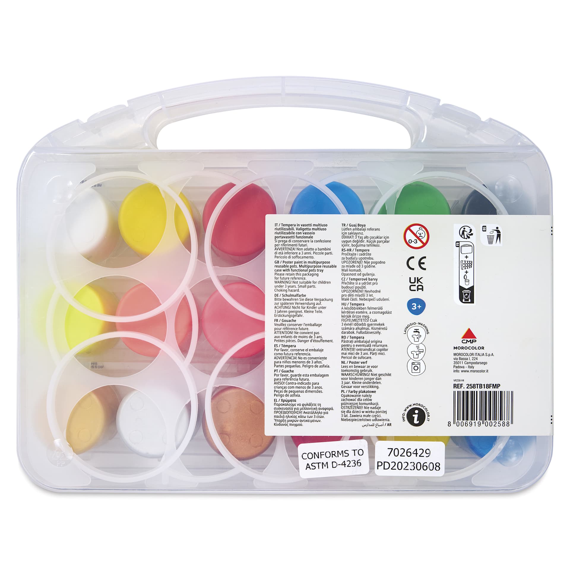 Primo Premium Tempera Paints - Set of 18, Assorted Colors, 25 ml back of case