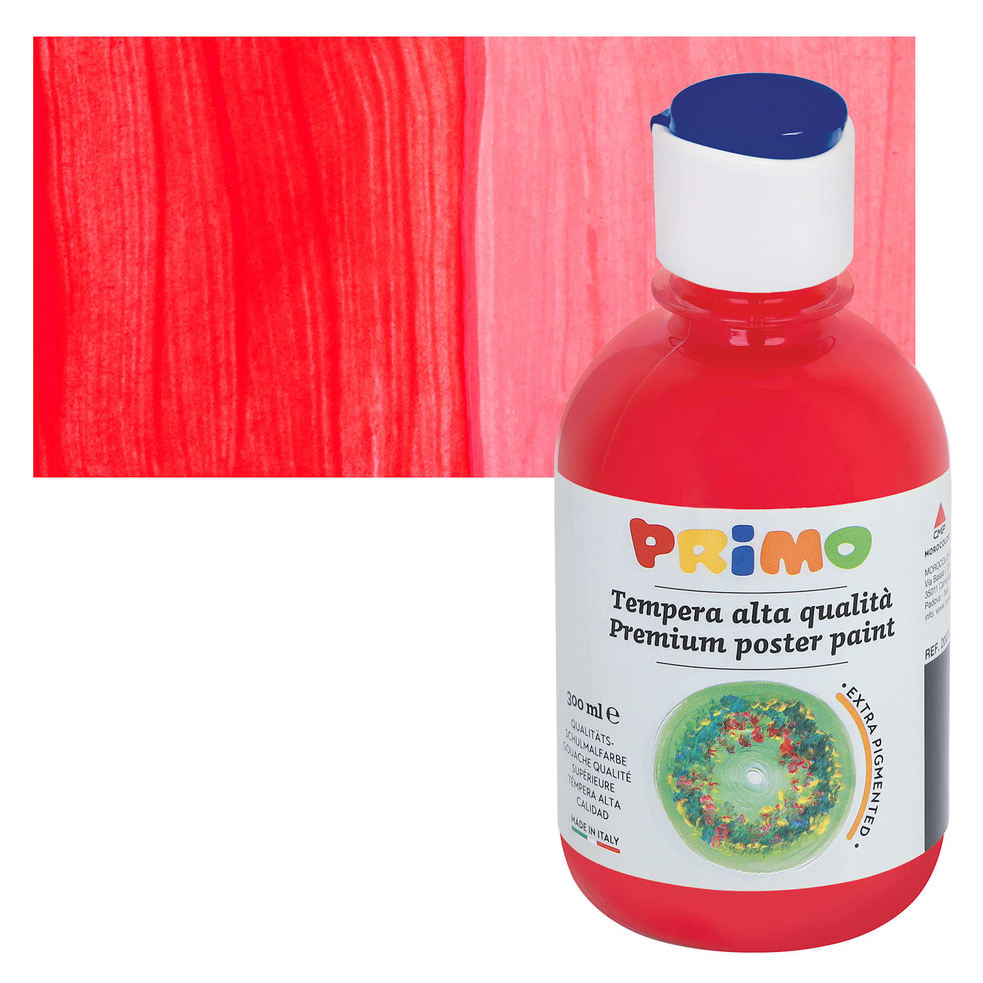 Primo Premium Tempera Paint - Red, 300 ml bottle and swatch