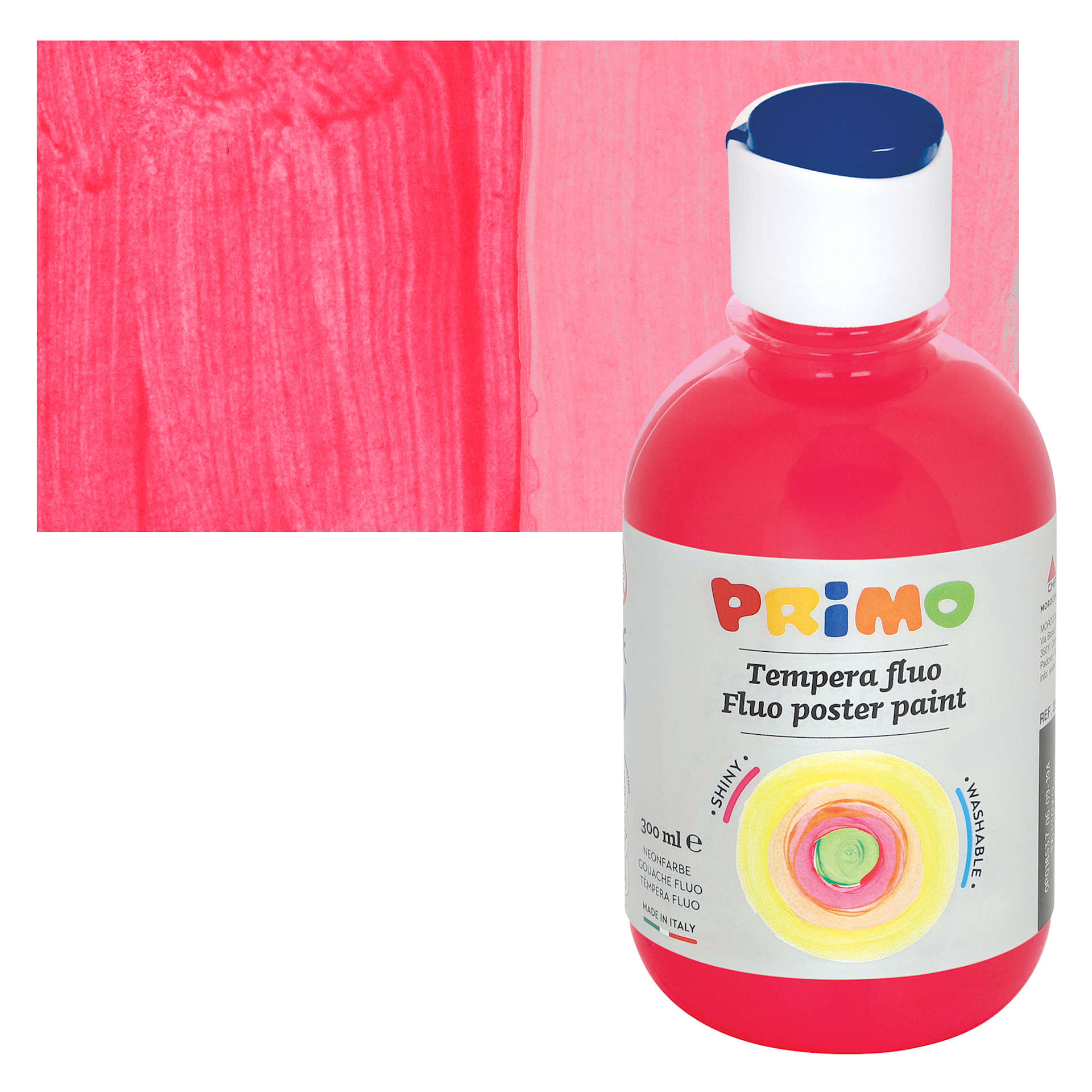 Primo Premium Tempera Paint - Fluorescent Red, 300 ml bottle and swatch