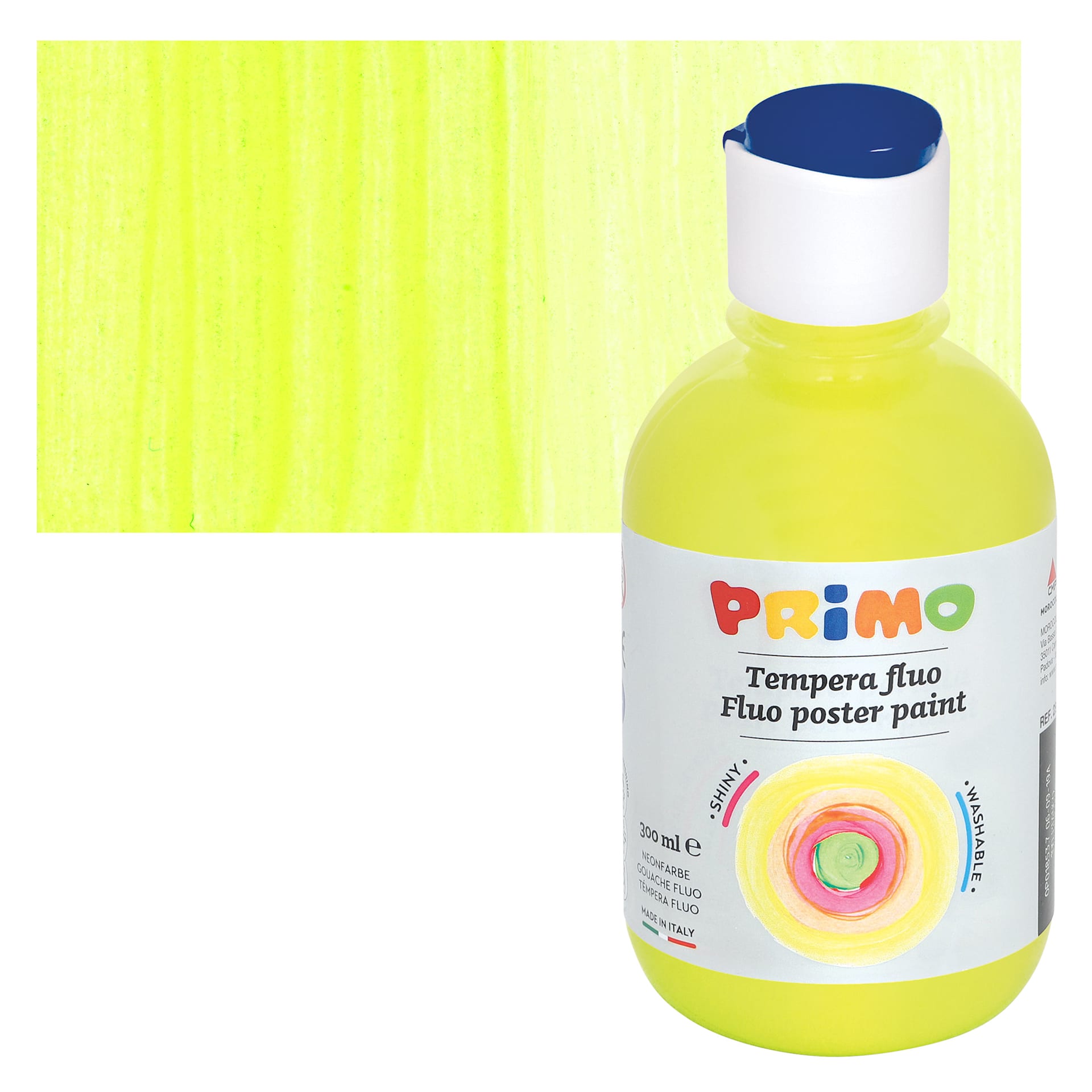 Primo Premium Tempera Paint - Fluorescent Yellow, 300 ml bottle and swatch