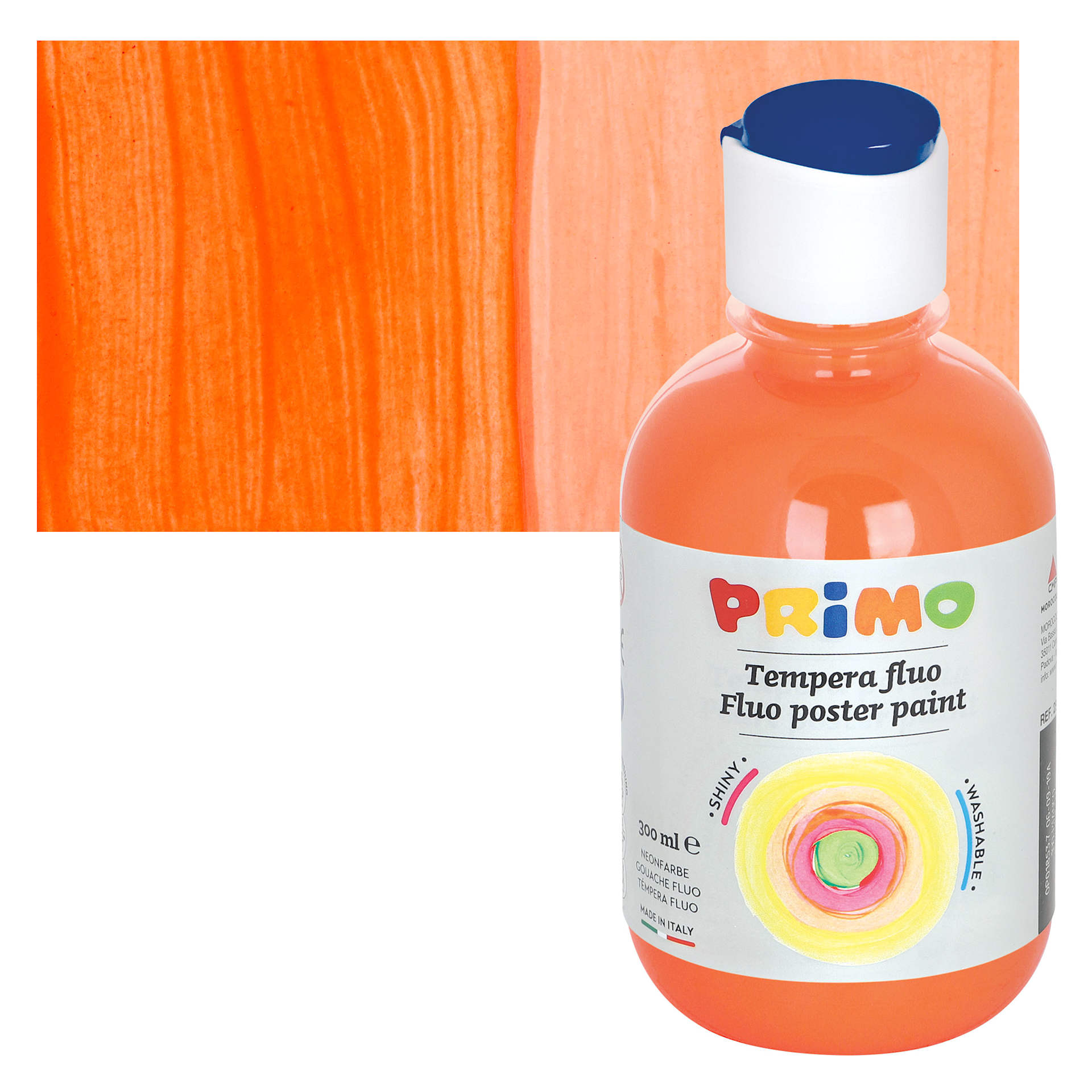 Primo Premium Tempera Paint - Fluorescent Orange, 300 ml bottle and swatch
