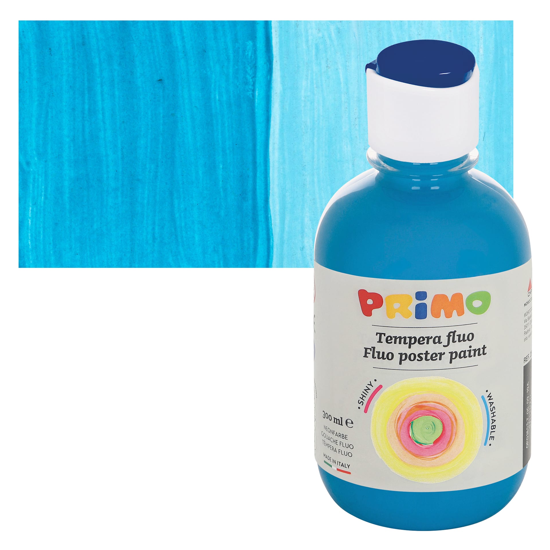 Primo Premium Tempera Paint - Fluorescent Turquoise, 300 ml bottle and swatch