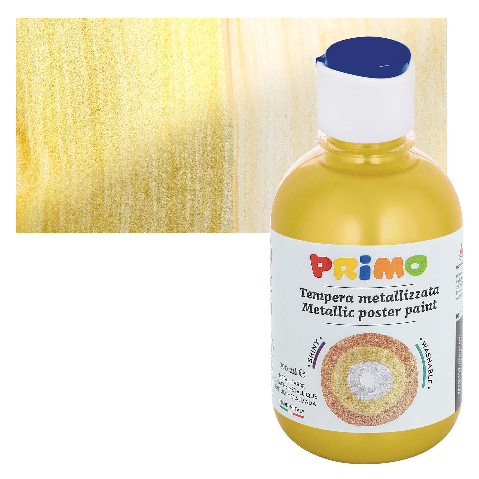 Primo Premium Tempera Paint - Metallic Gold, 300 ml bottle and swatch