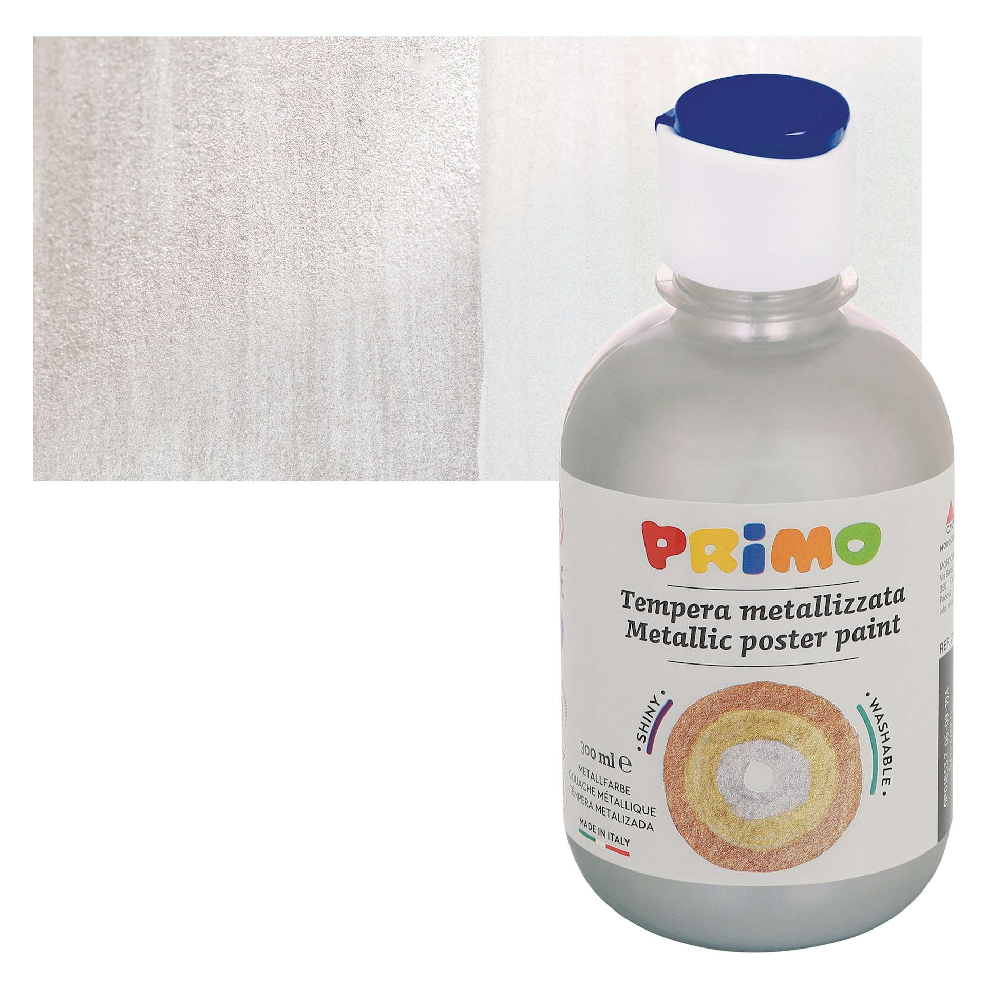 Primo Premium Tempera Paint - Metallic Silver, 300 ml bottle and swatch