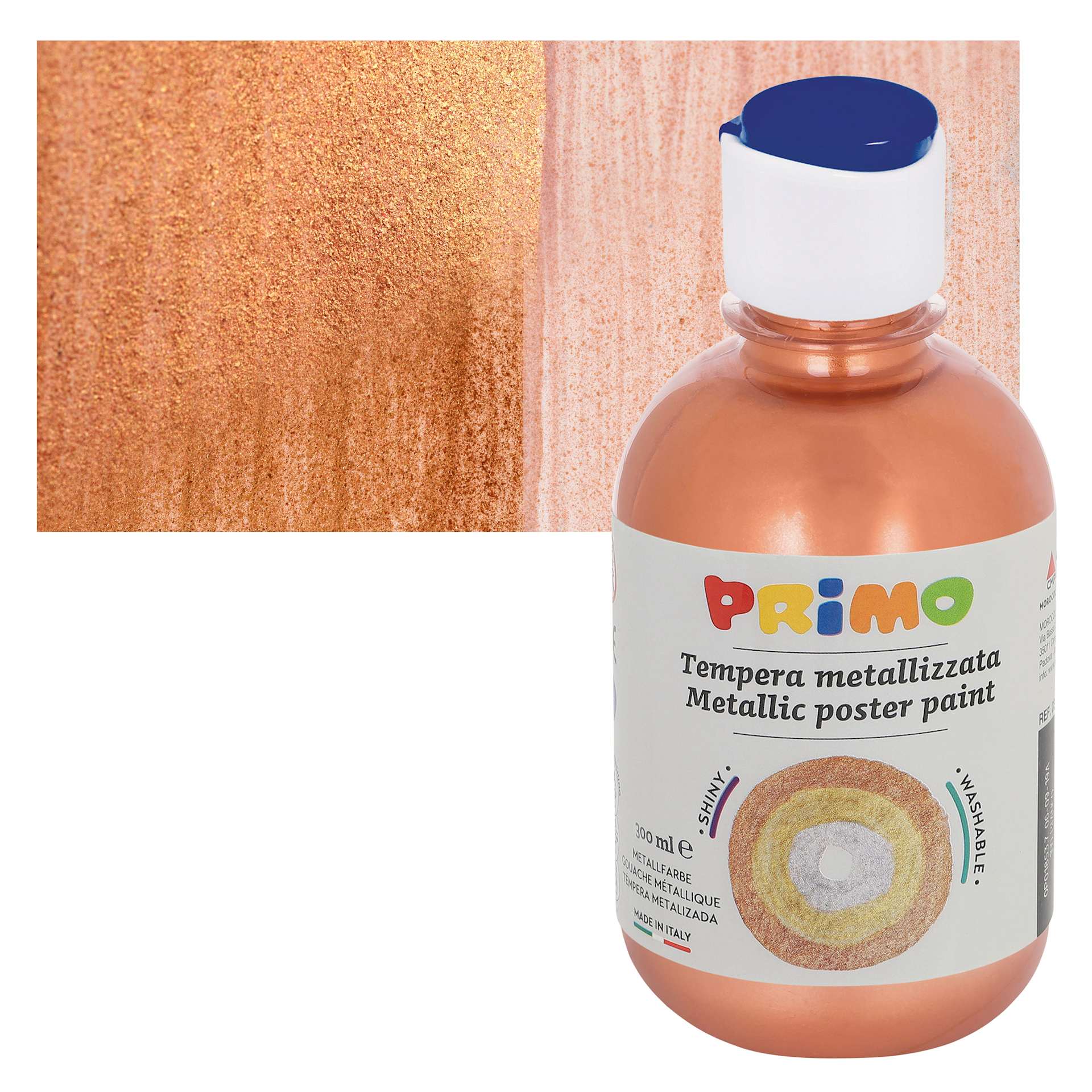 Primo Premium Tempera Paint - Metallic Copper, 300 ml bottle and swatch