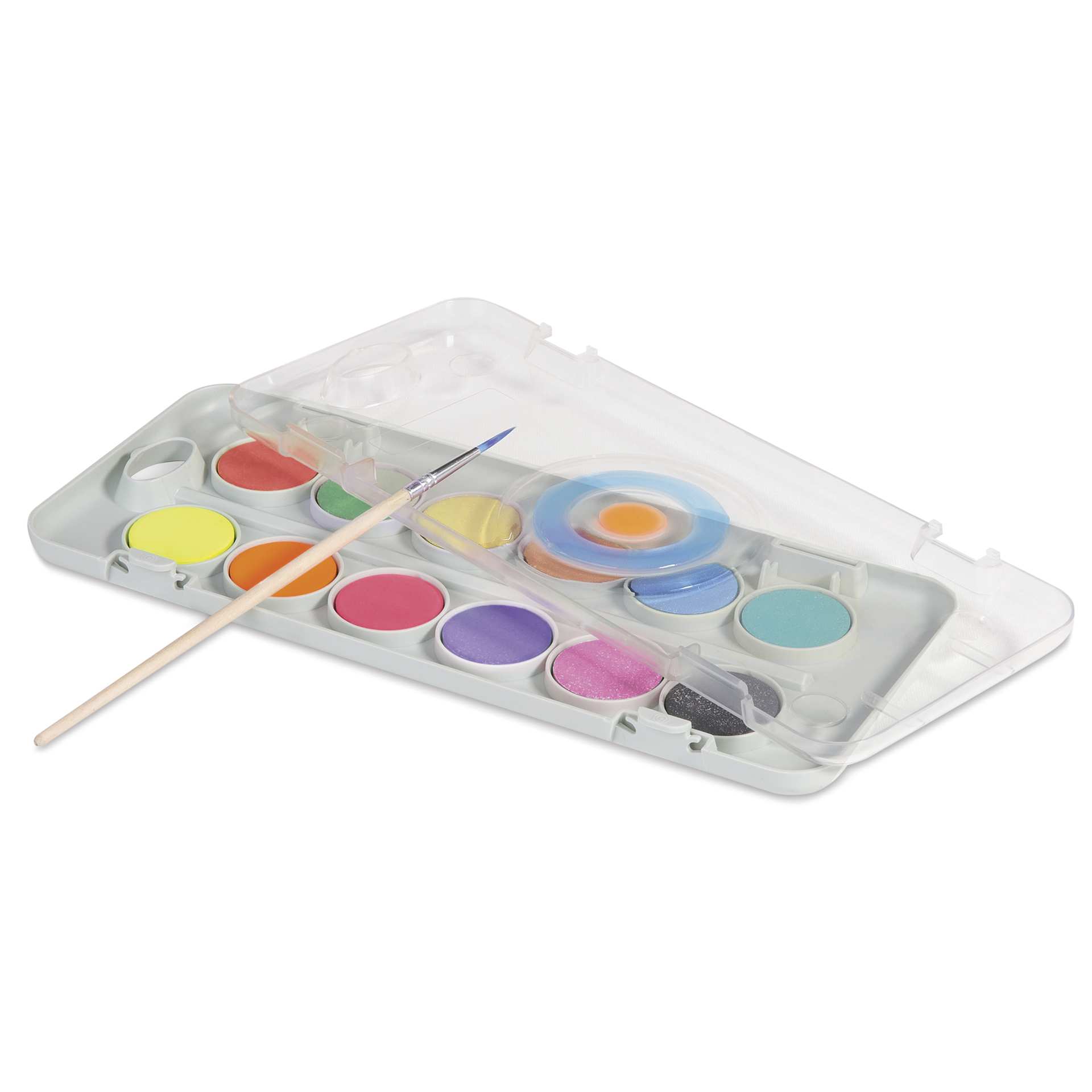 Primo Watercolor Pan Set - Set of 12, Metallic and Fluorescent Colors with lid partially removed