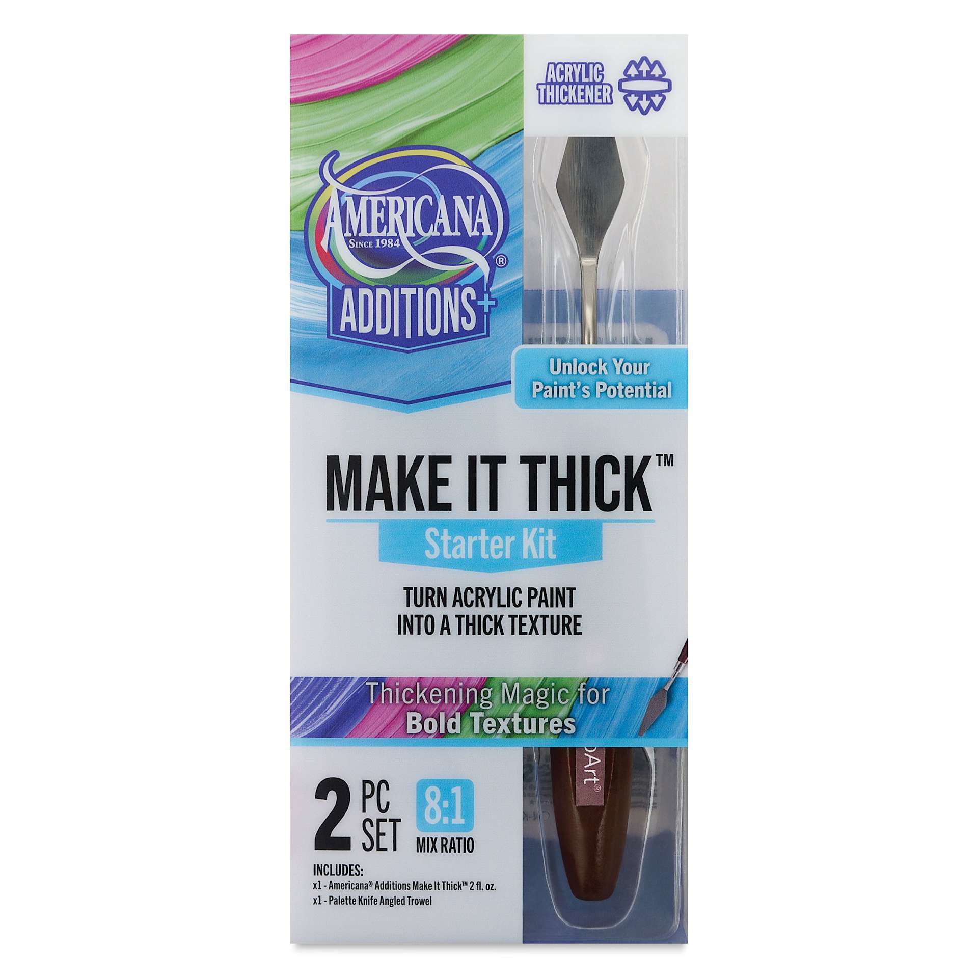 Front of the package for DecoArt Americana Additions Make It Thick Acrylic Medium Kit