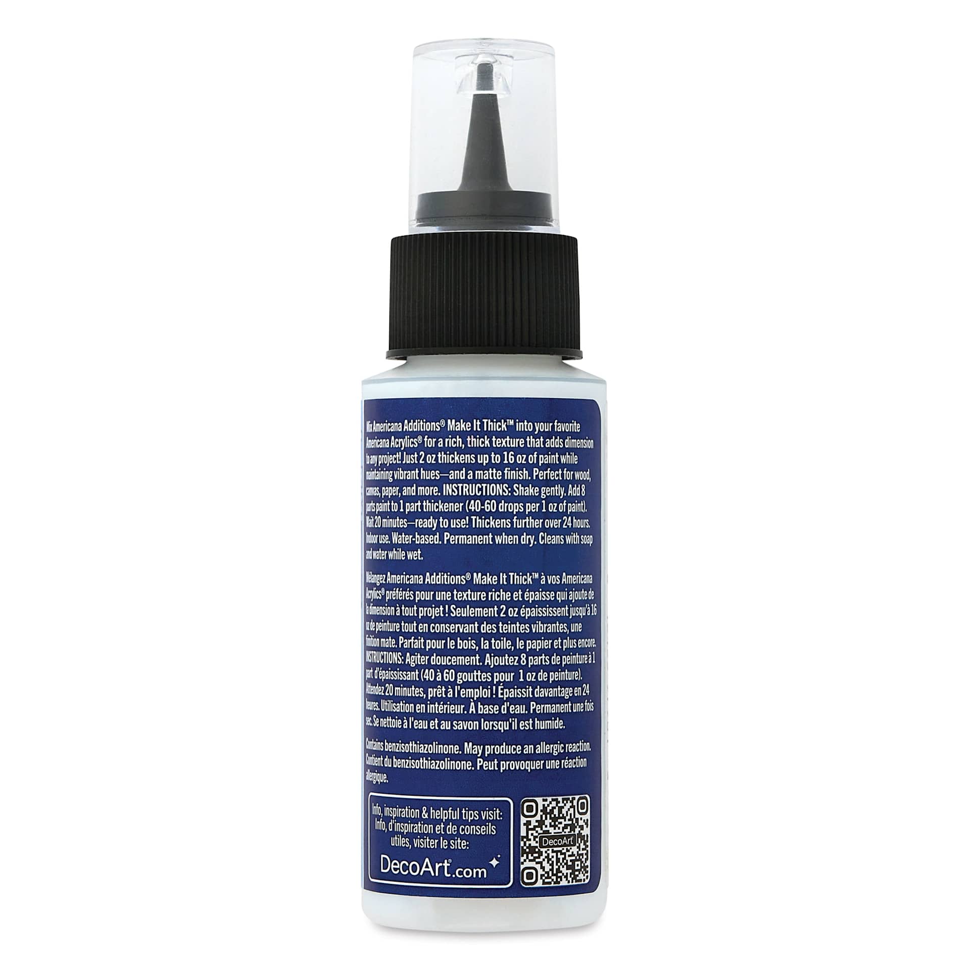 Back of 59 ml bottle of DecoArt Americana Additions Make It Thick Acrylic Medium