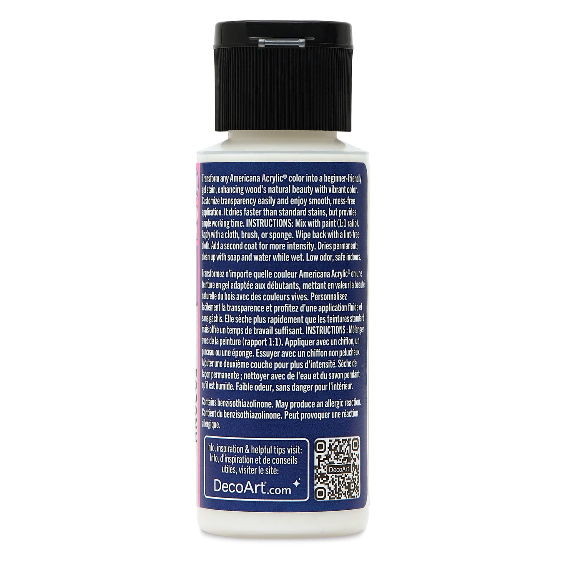 Back of DecoArt Americana Additions Make It Stain Gel Wood Stain Medium in a 59 ml bottle