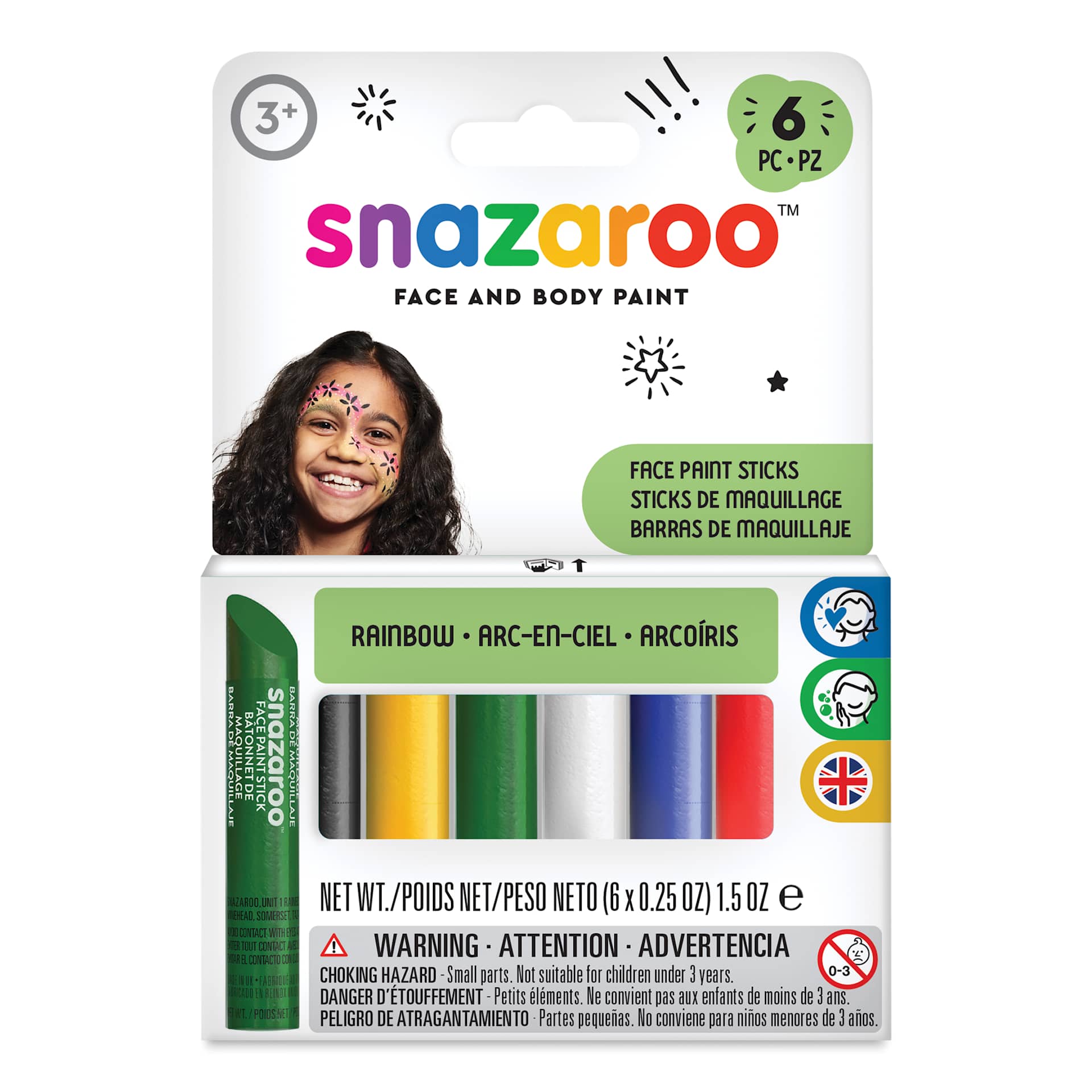 Snazaroo Face Paints - Rainbow Face Paint Sticks, Set of 6, front of packaging