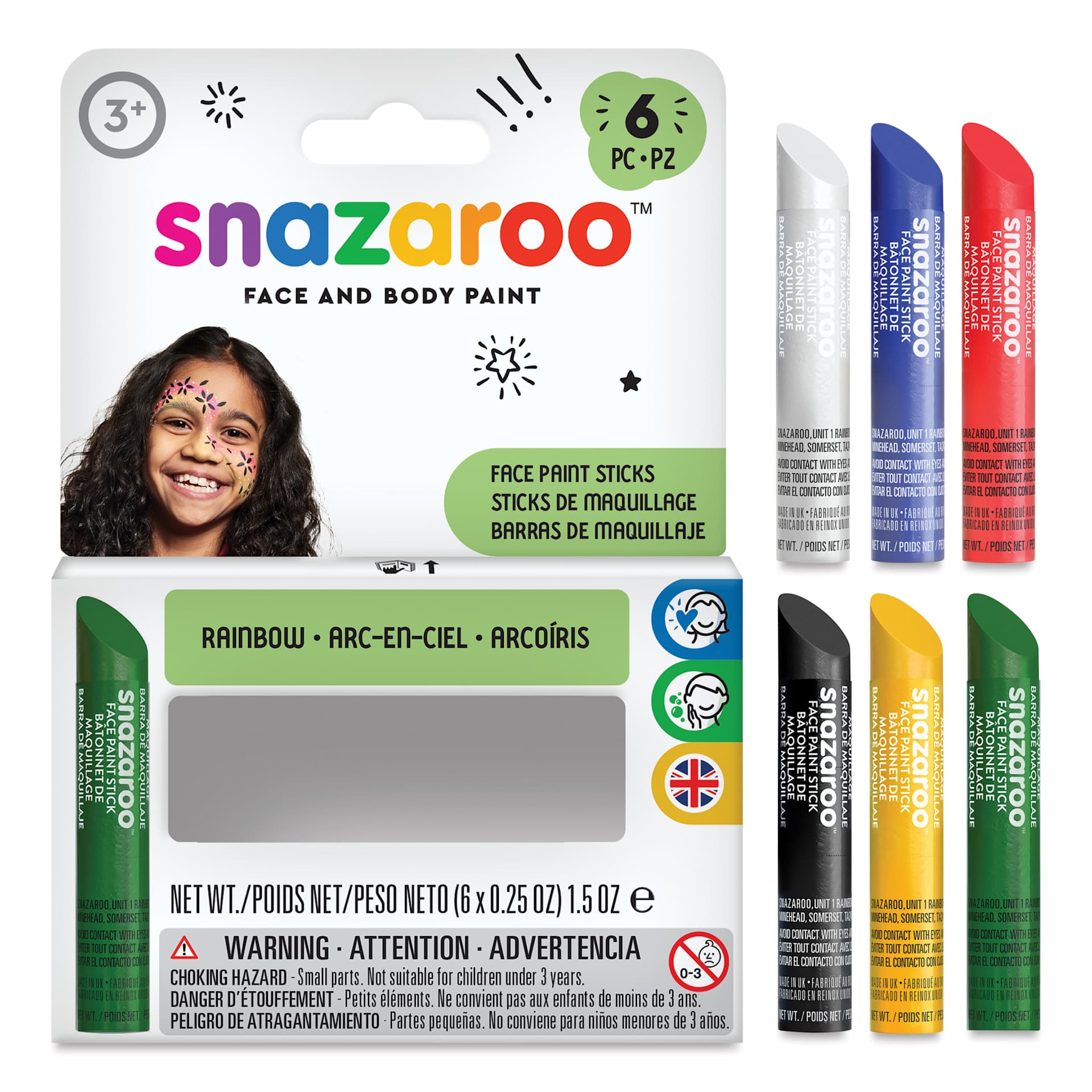 Snazaroo Face Paints - Rainbow Face Paint Sticks, Set of 6, contents