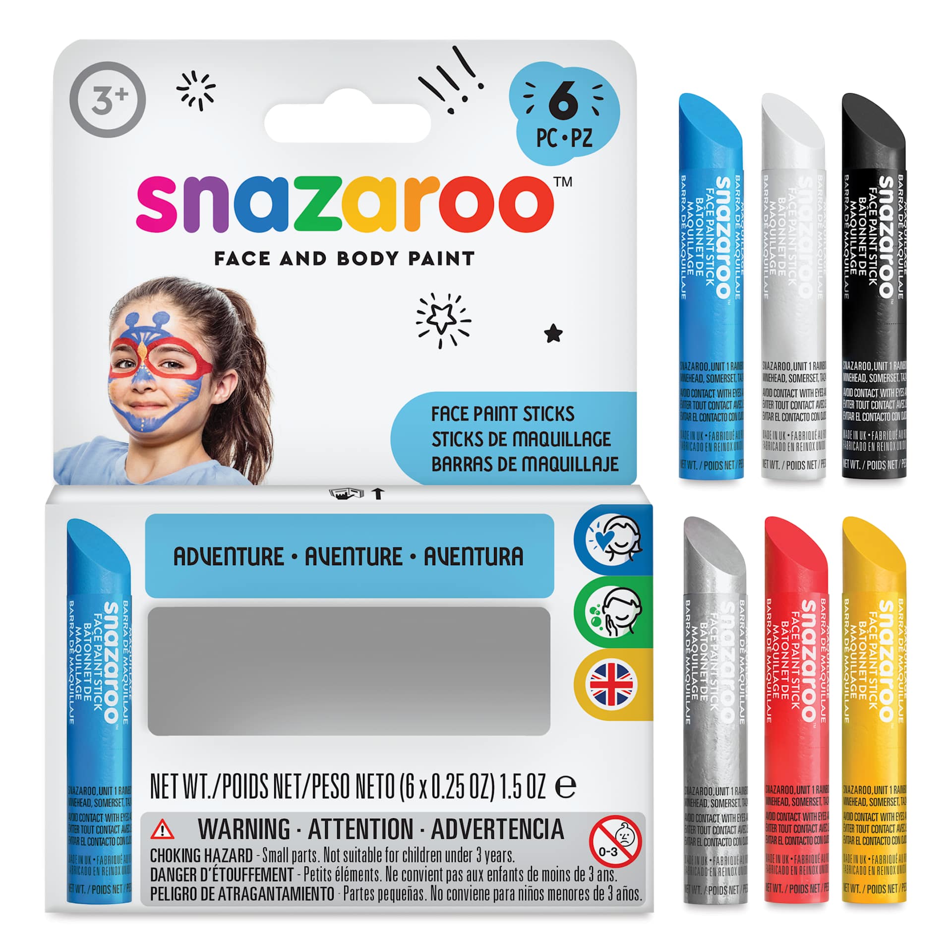 Snazaroo Face Paints - Adventure Face Paint Sticks, Set of 6, contents