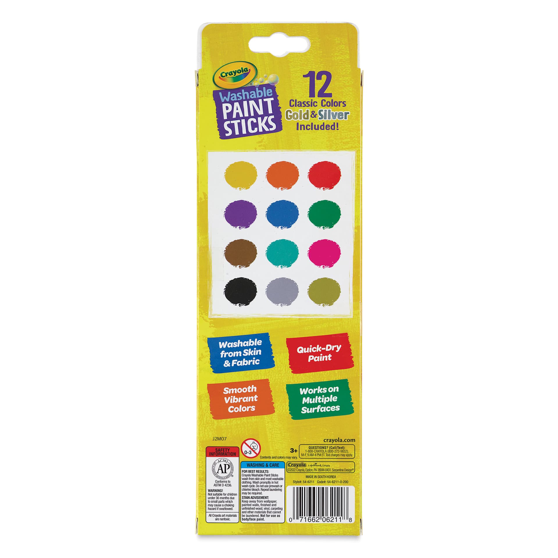 Crayola Washable Paint Sticks - Set of 12, Assorted Colors back of package