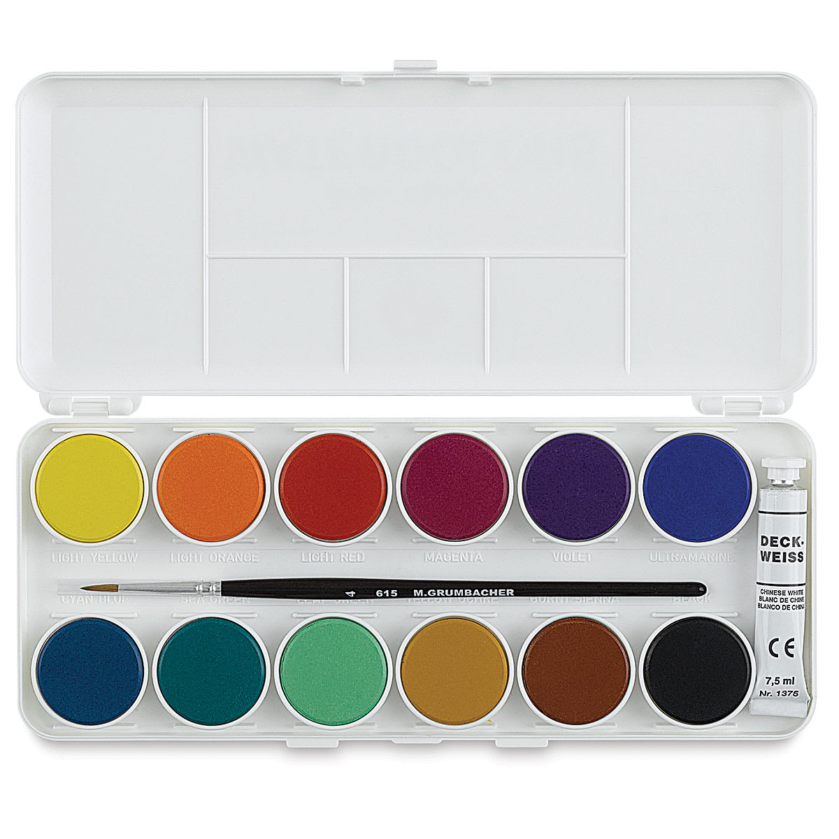 Grumbacher Watercolor Pans - Opaque Pans, Set of 12 colors. Lid open to two rows of pans and brush.