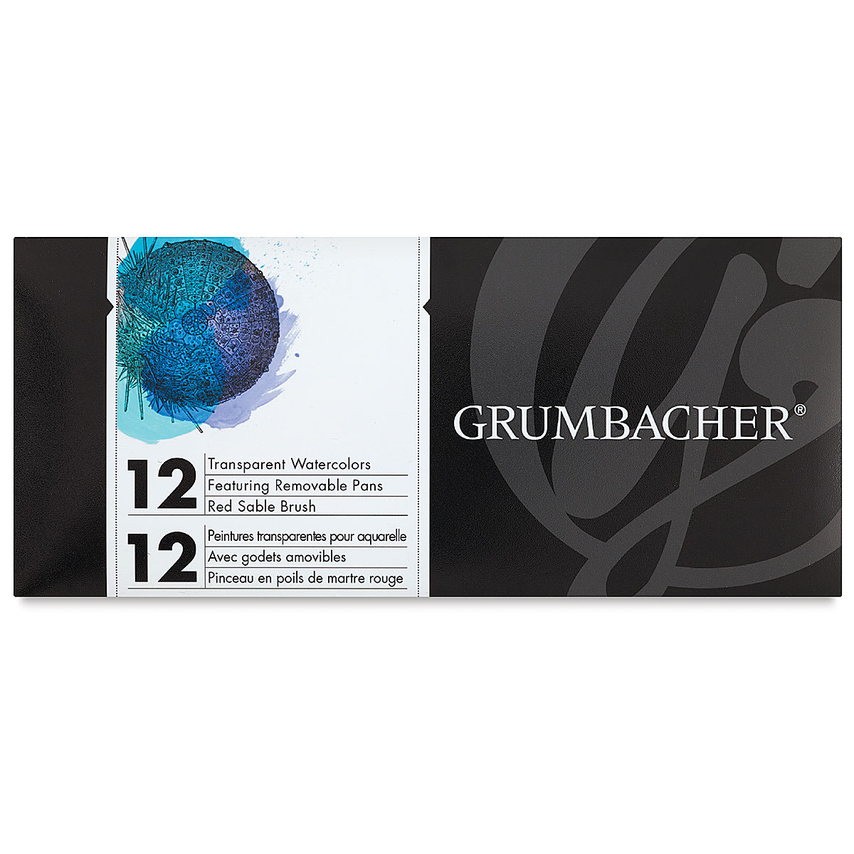 Grumbacher Watercolor Pans - Transparent Pans, Set of 12 colors. Front of package. 