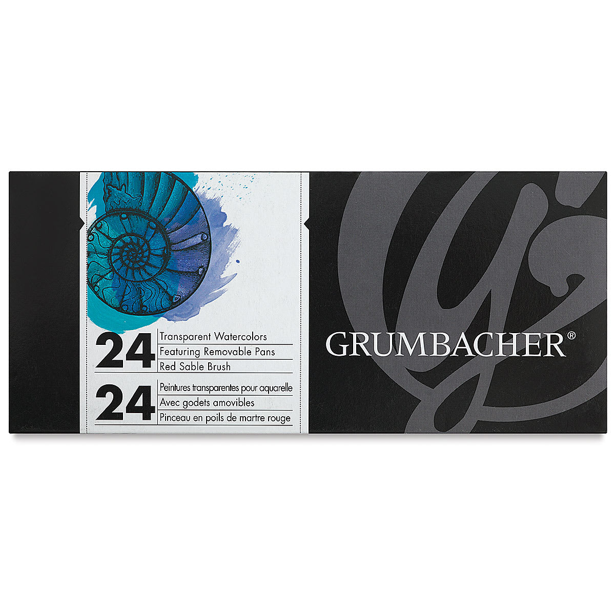 Grumbacher Watercolor Pans - Transparent Pans, Set of 24 colors. Front of package. 