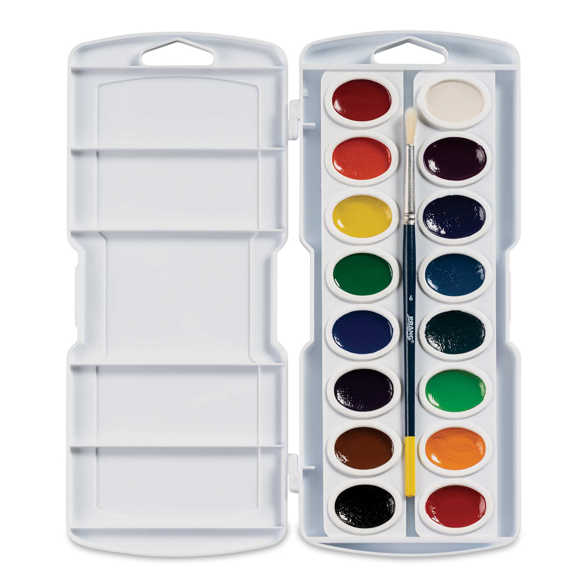 Prang Watercolor Pans - Oval, Assorted, Set of 16 colors open to show colors and brush