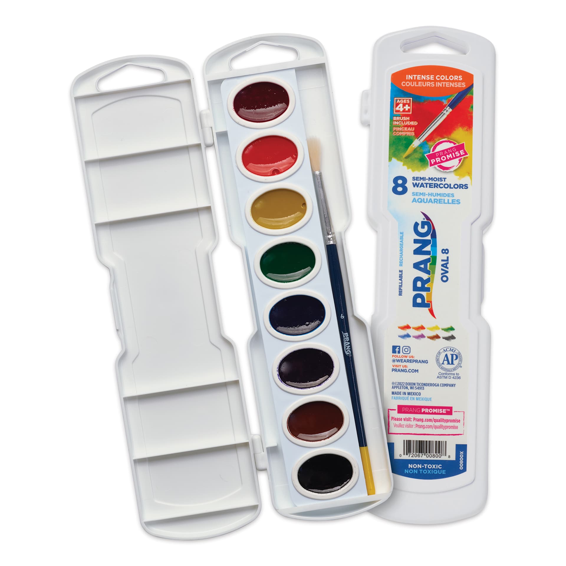 Prang Semi-Moist Watercolor Paint - Oval Pans, Oval Pans, Set of 8, Assorted Colors Oval Pans with palette and front of package