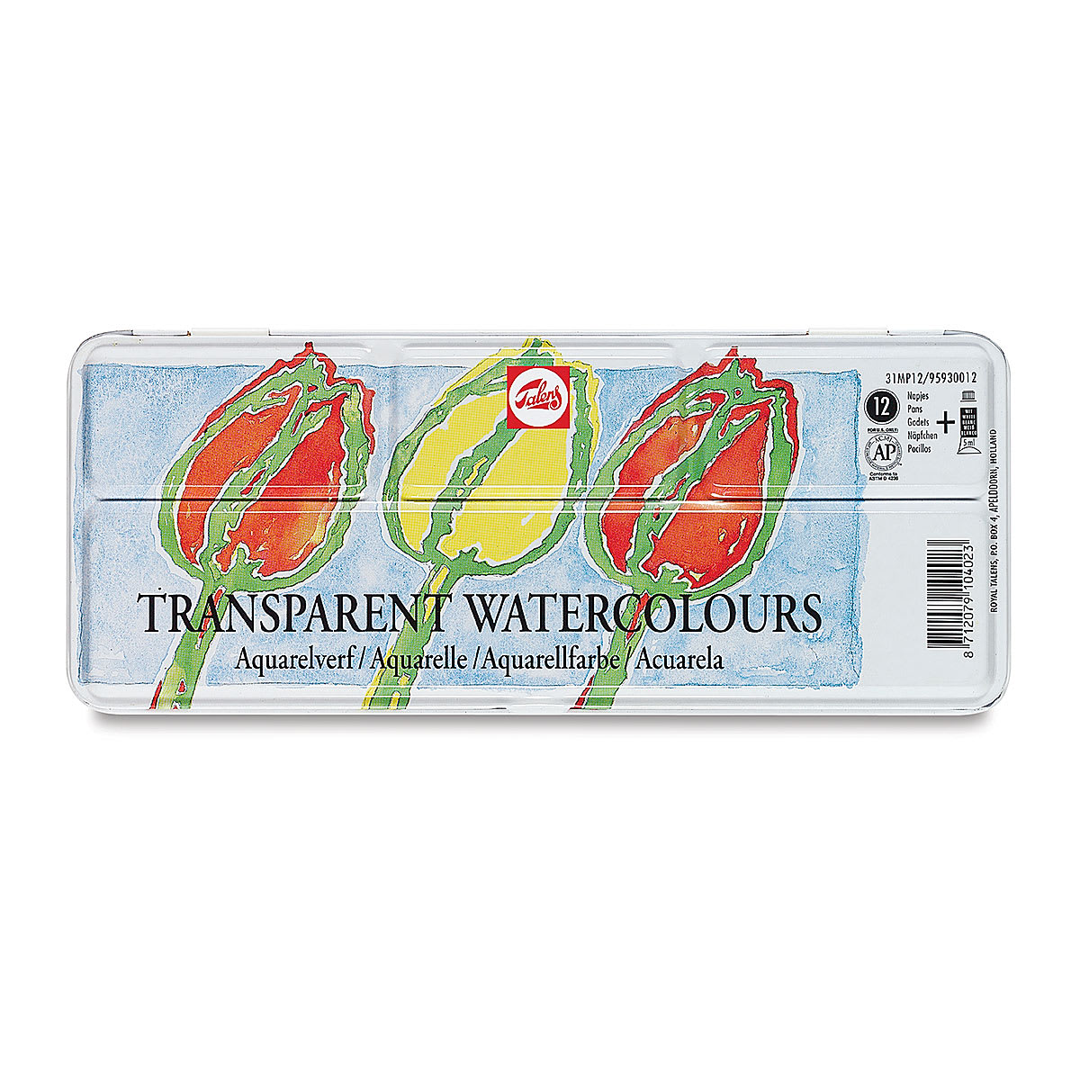 Talens Watercolor Pans - Transparent, Set of 12 Colors, Pan (Front of packaging.)