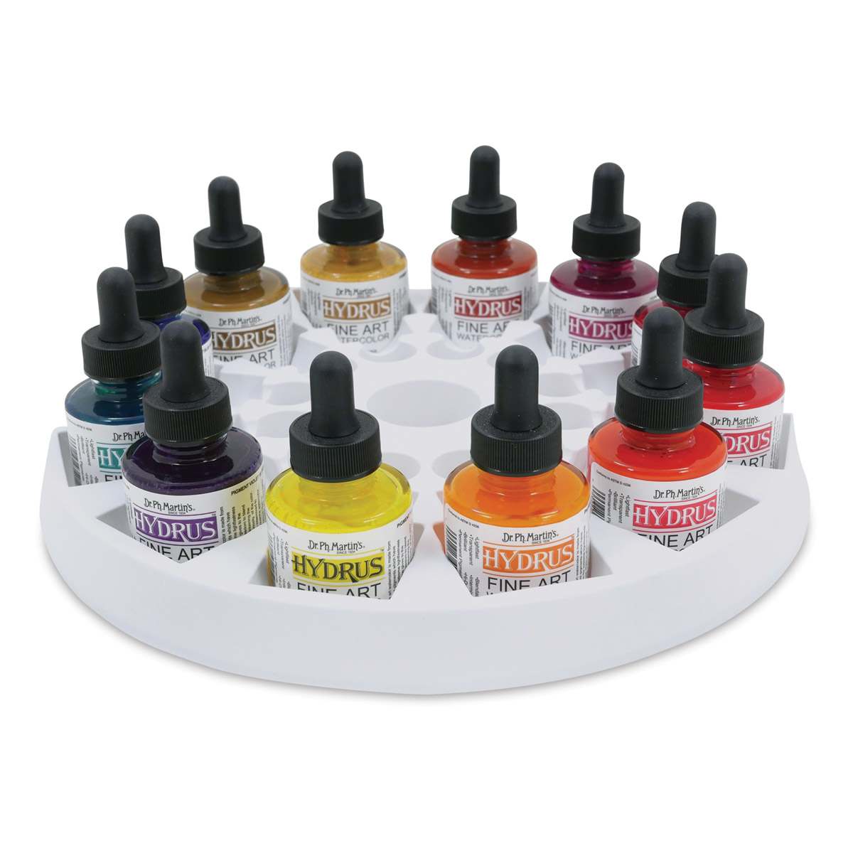 Dr. Ph. Martin's Hydrus Fine Art Liquid Watercolors - Set 3, 12 Assorted colors, 1 oz Bottles, Sitting In Holder