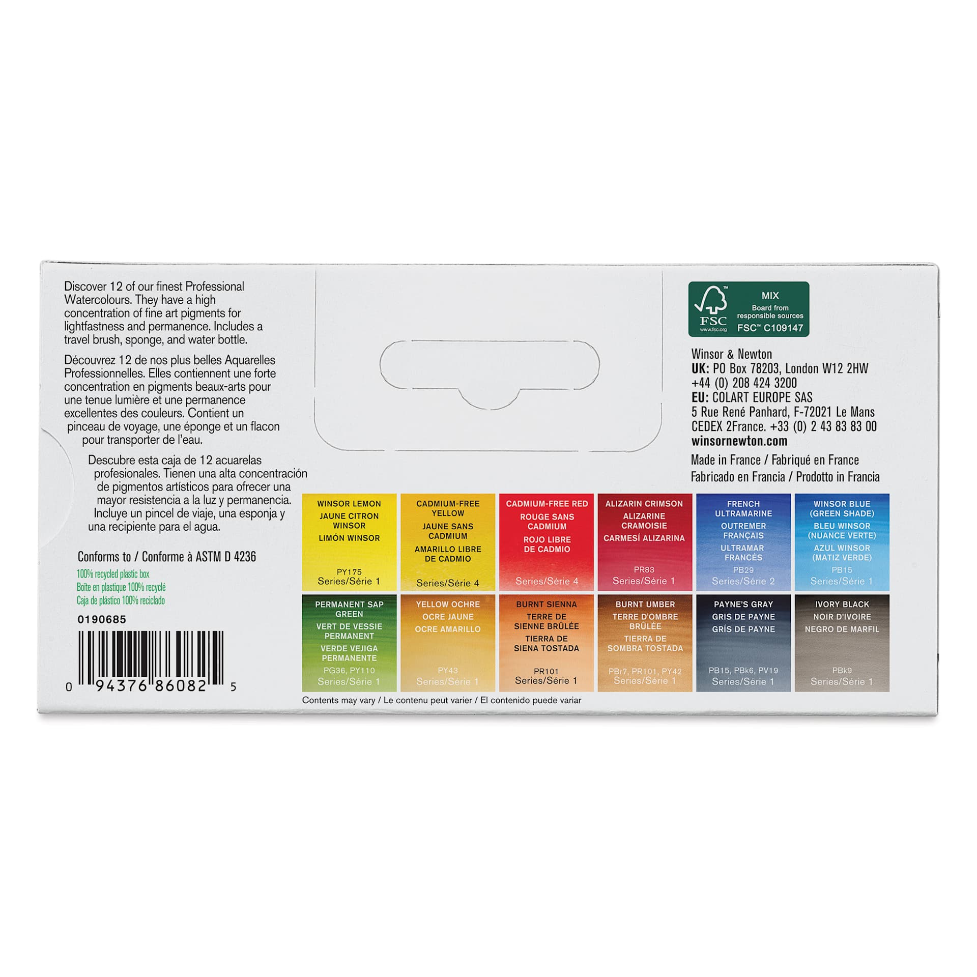 Winsor & Newton Professional Watercolor - back of packaging for the Set of 12 Field Pocket Set
