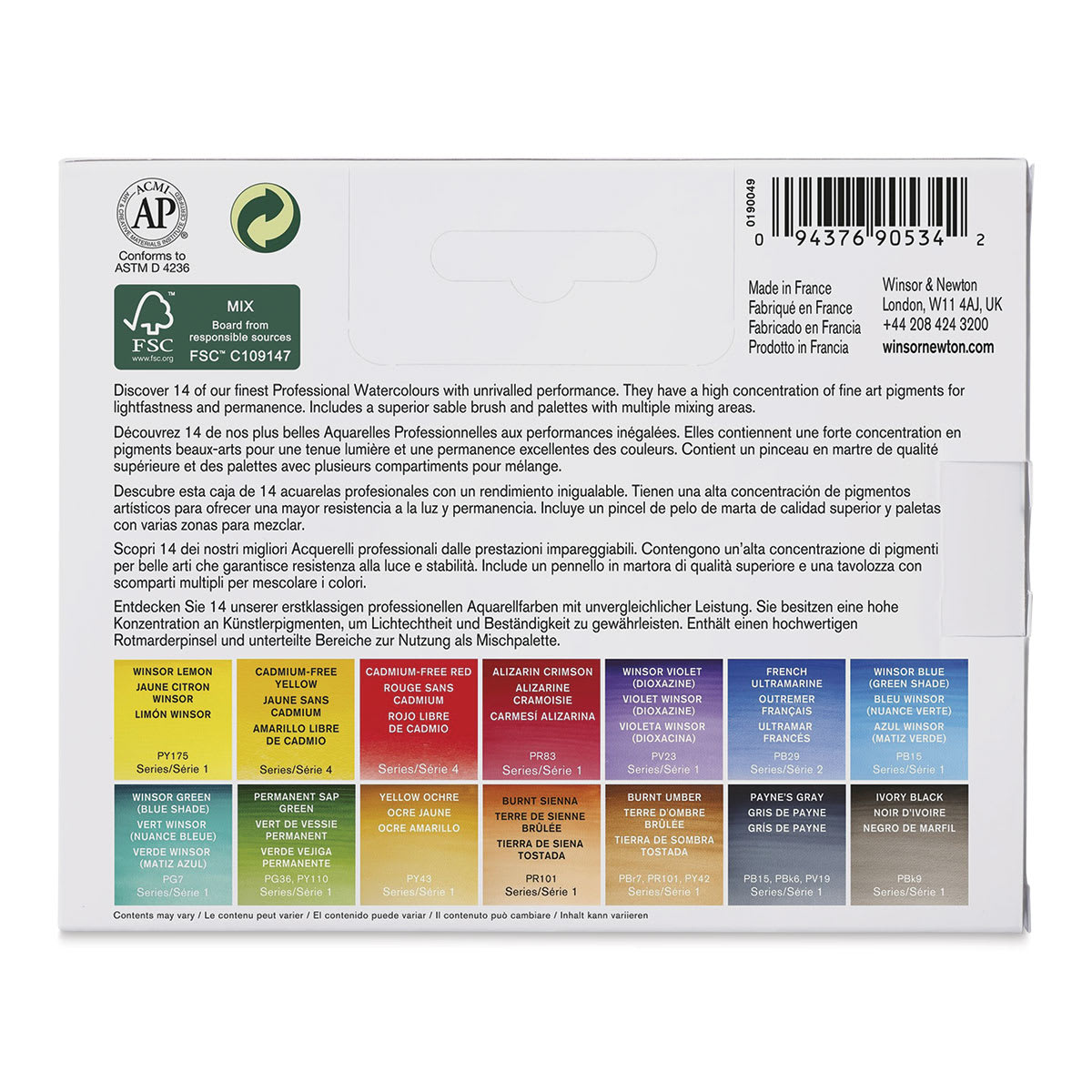 Winsor & Newton Professional Watercolor- Field Set of 14, Assorted Colors, Half Pans (Back of packaging)