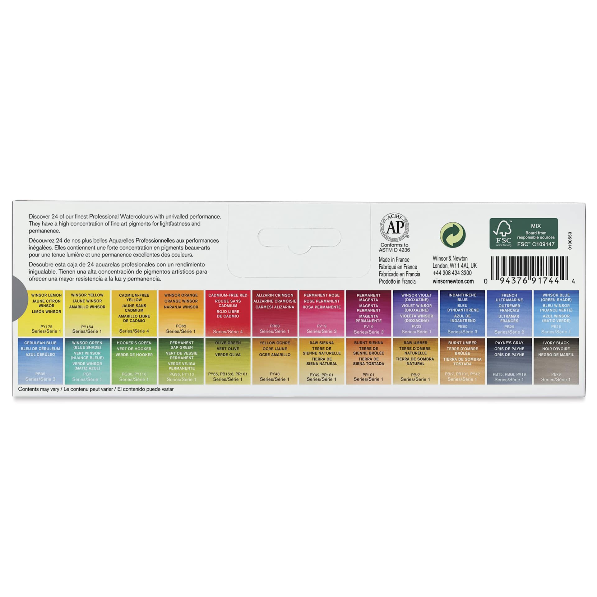 Winsor & Newton Professional Watercolor - Set of 24 Complete Travel Tin, Assorted - back of packaging
