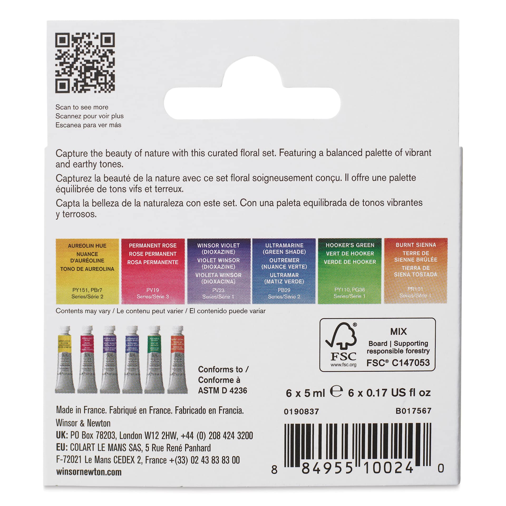 Back of package for Winsor & Newton Professional Watercolor -  Set of 6, Floral Colors, 5 ml