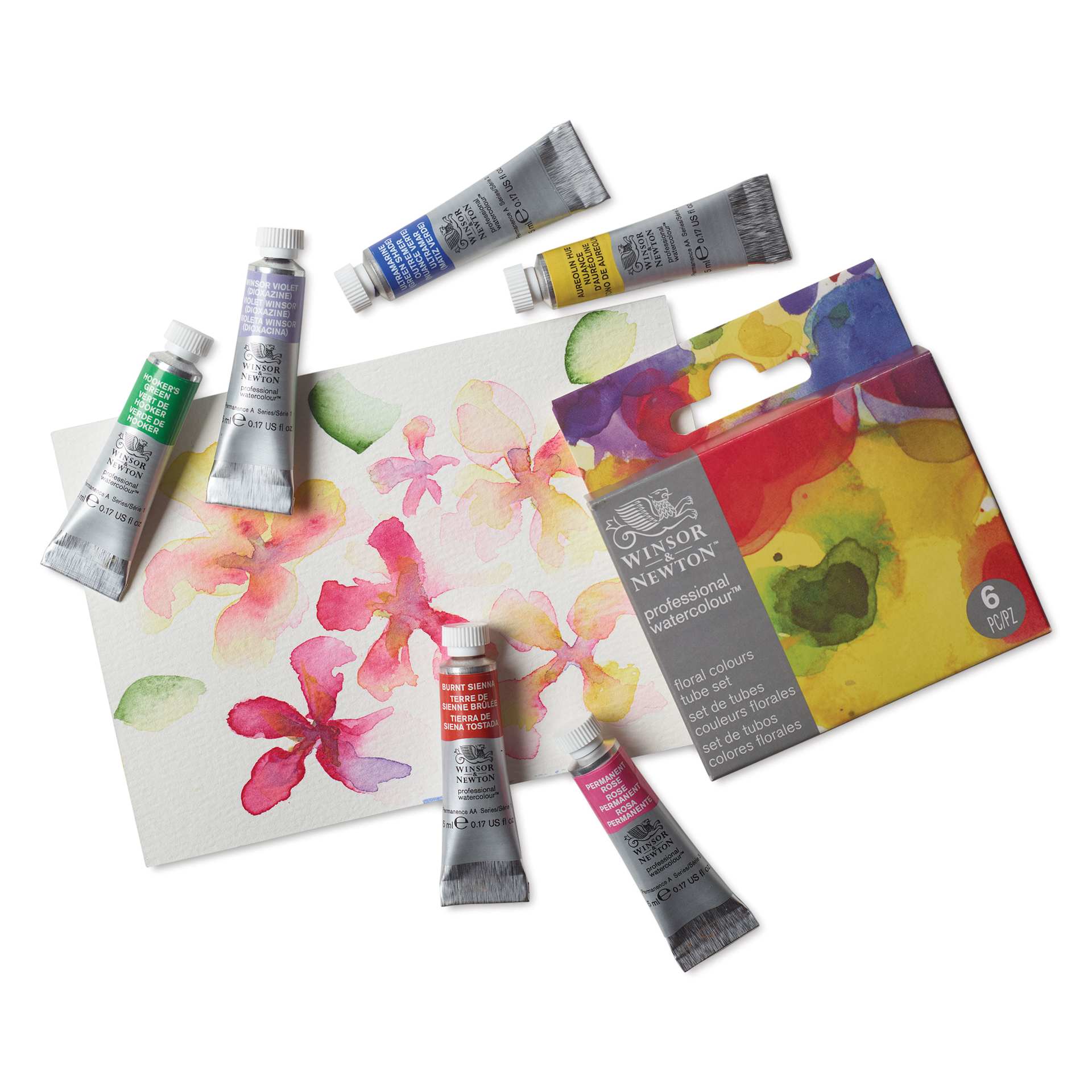 Tubes from the Winsor & Newton Professional Watercolor, Set of 6, Floral Colors, laid out with packaging and painting.