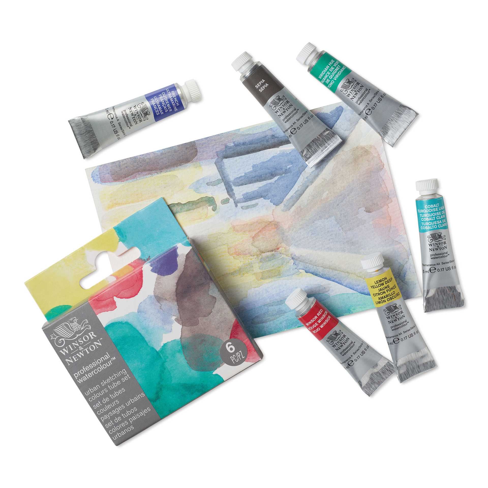 Packaing and tubes from the Winsor & Newton Professional Watercolor Set of 6, Urban Sketching Colors with painting.