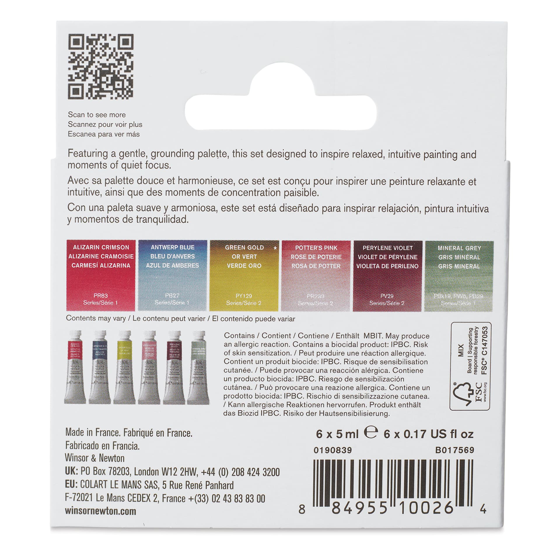 Back of packaging for the Back of packaging for the Winsor & Newton Professional Watercolor Set of 6, Mindful Colors