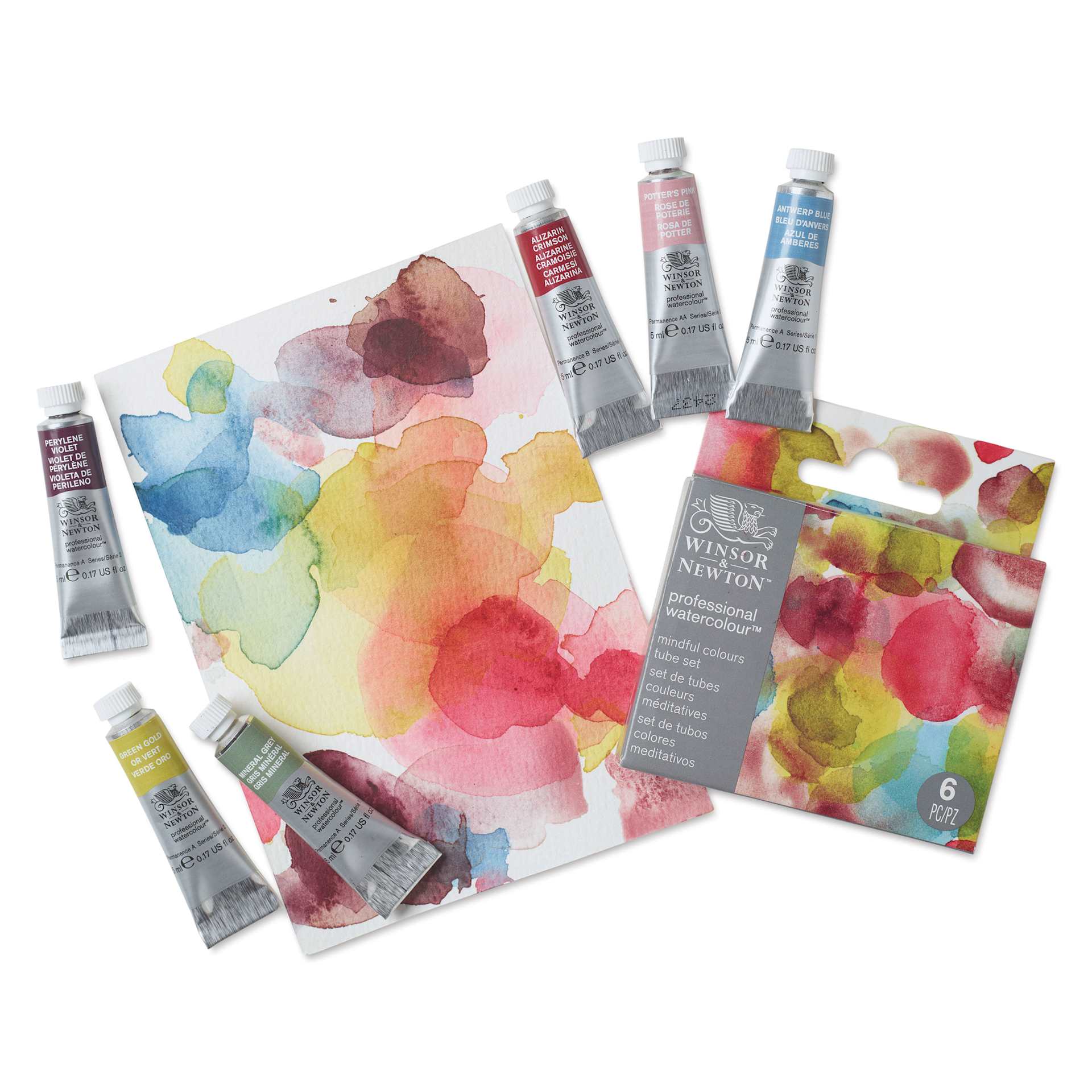 Winsor & Newton Professional Watercolor Set of 6, Mindful Colors, 5 ml tubes and packaging with a painting.