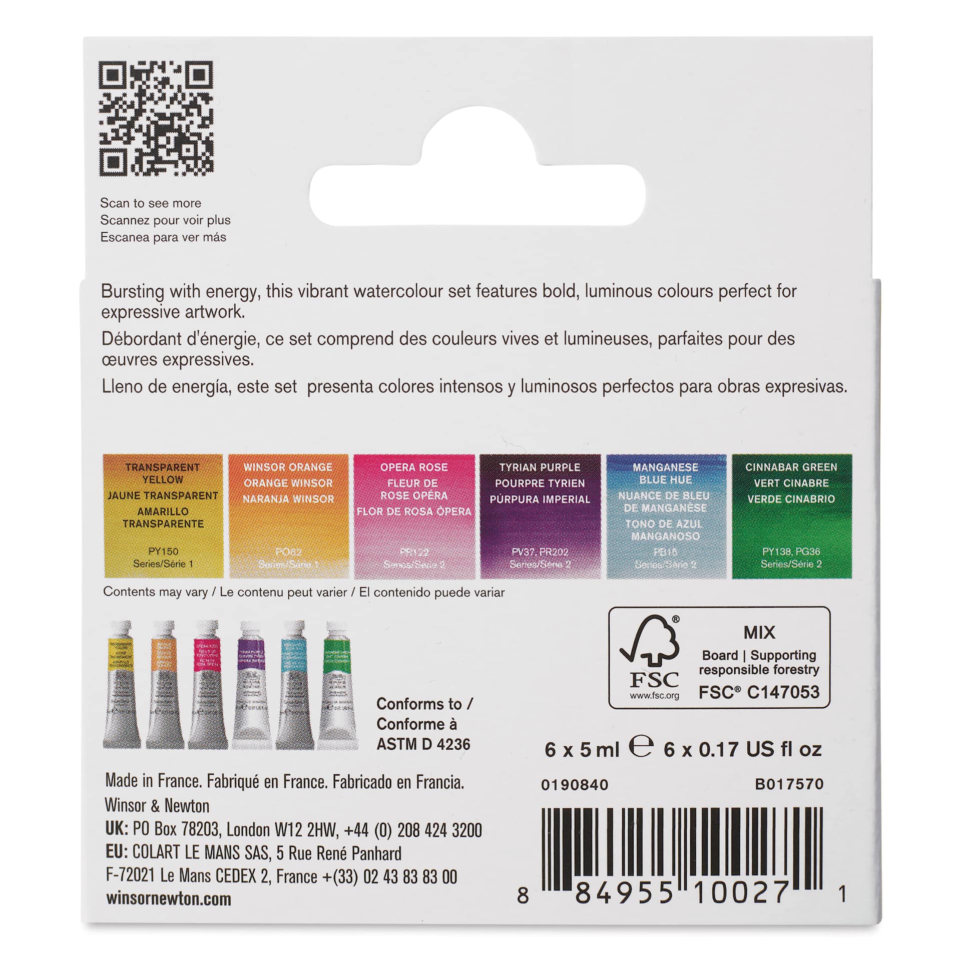 Winsor & Newton Professional Watercolor Set of 6, Vibrant Colors back of package