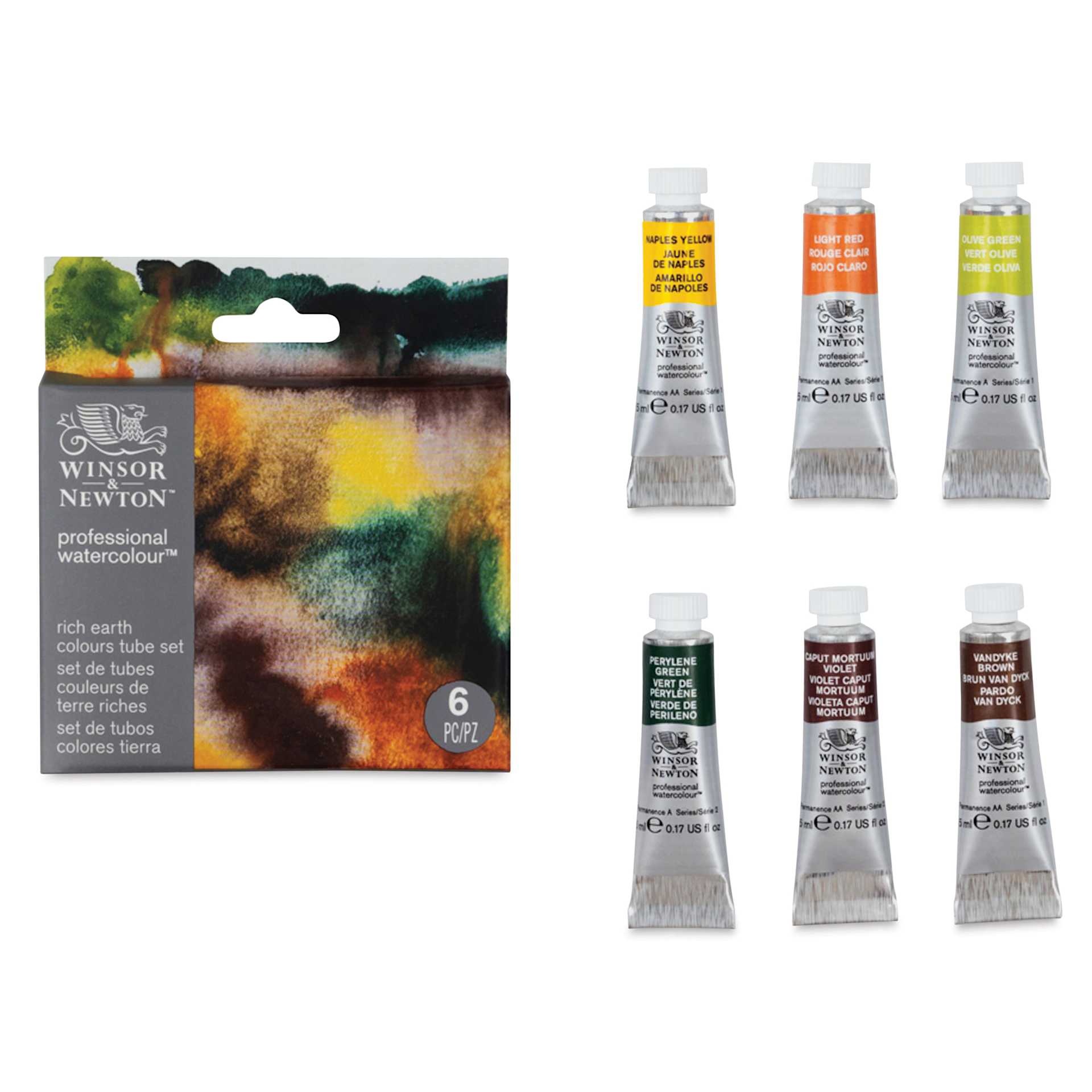 Winsor & Newton Professional Watercolor - Set of 6, Rich Earth, 5 ml - packaging and contents
