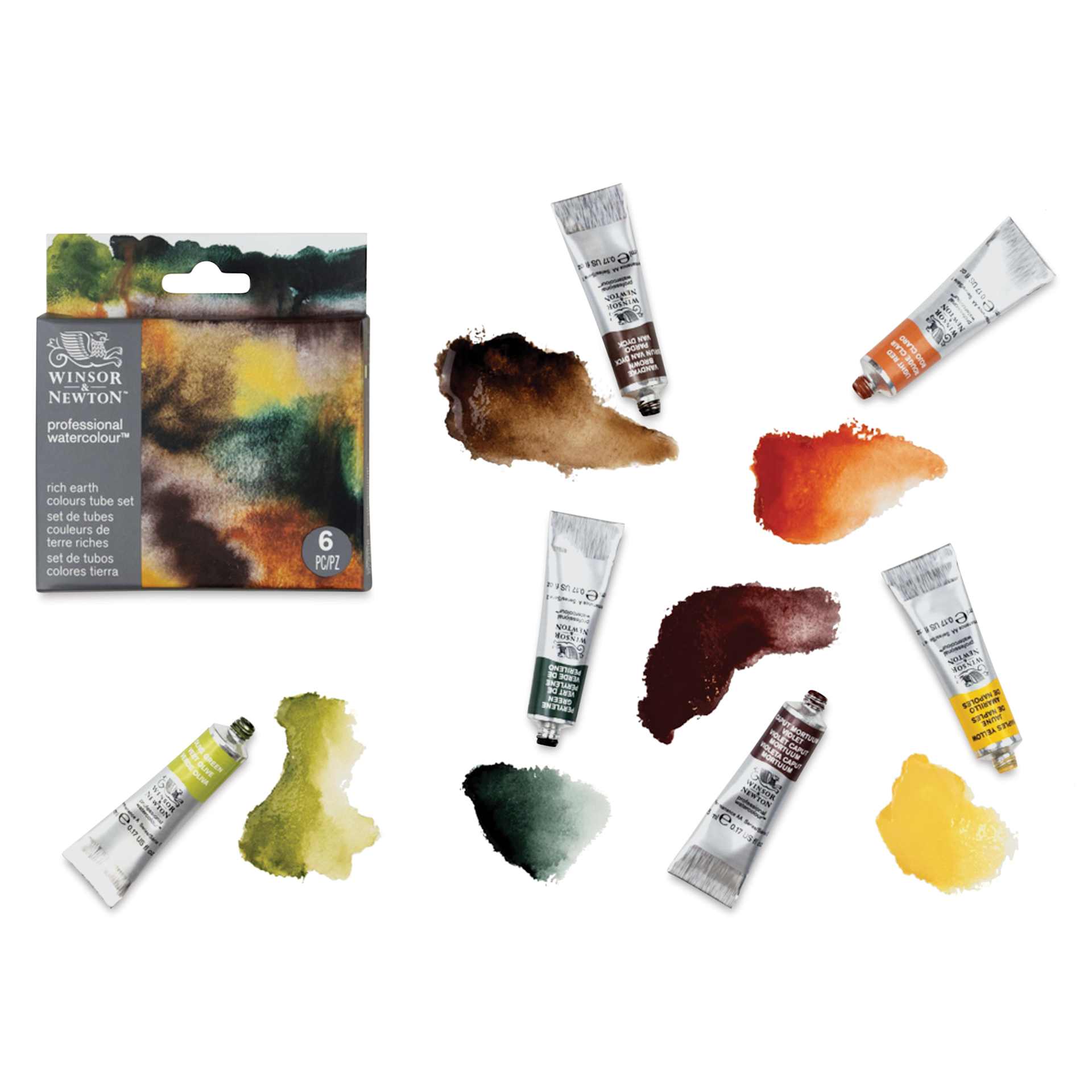 Winsor & Newton Professional Watercolor - Set of 6, Rich Earth, 5 ml - with paint samples