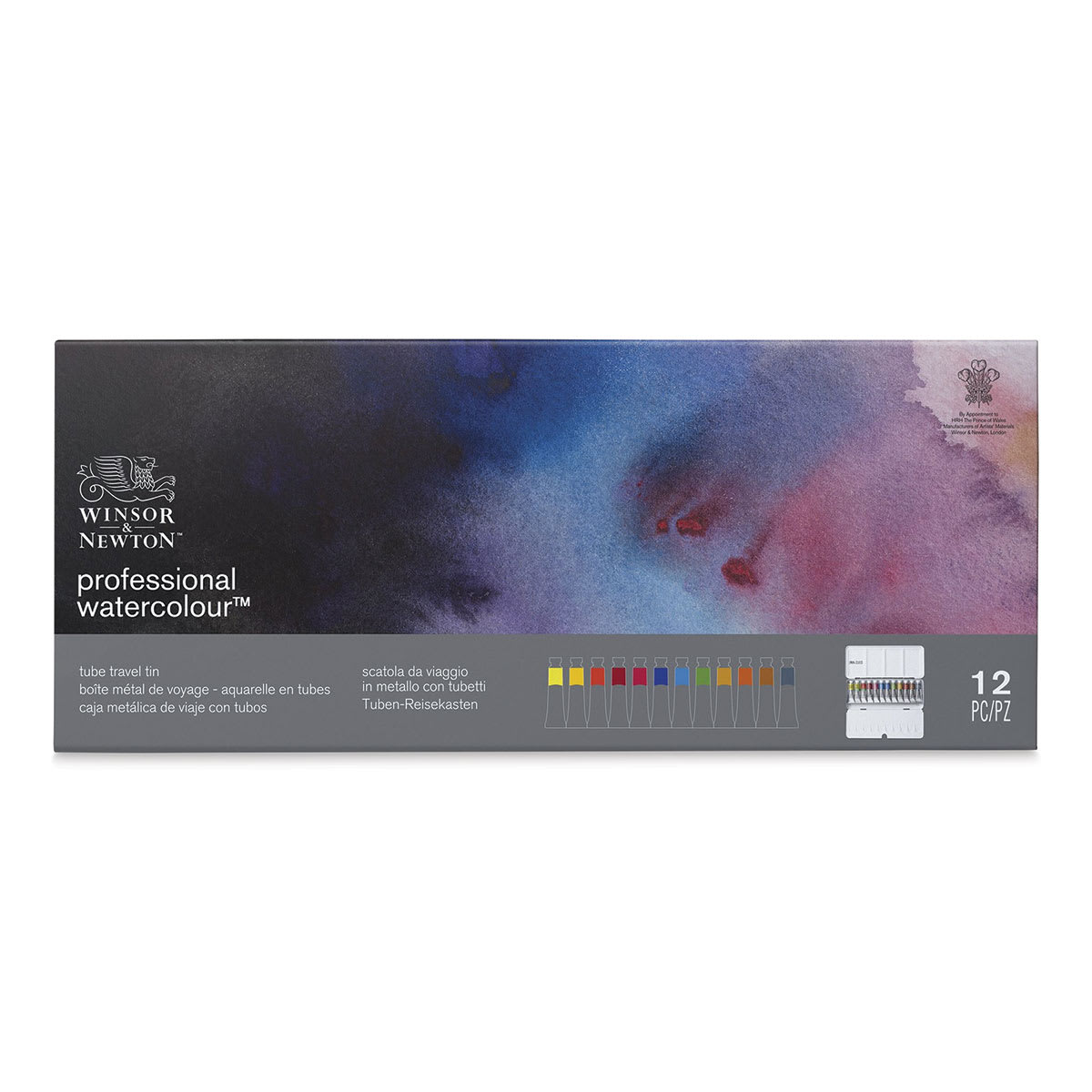 Winsor & Newton Professional Watercolor - Travel Tin, Set of 12, Assorted Colors, Tubes (Front of packaging)