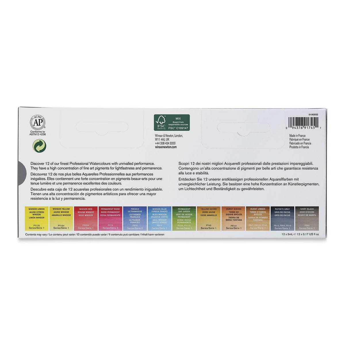 Winsor & Newton Professional Watercolor - Travel Tin, Set of 12, Assorted Colors, Tubes (Back of packaging)