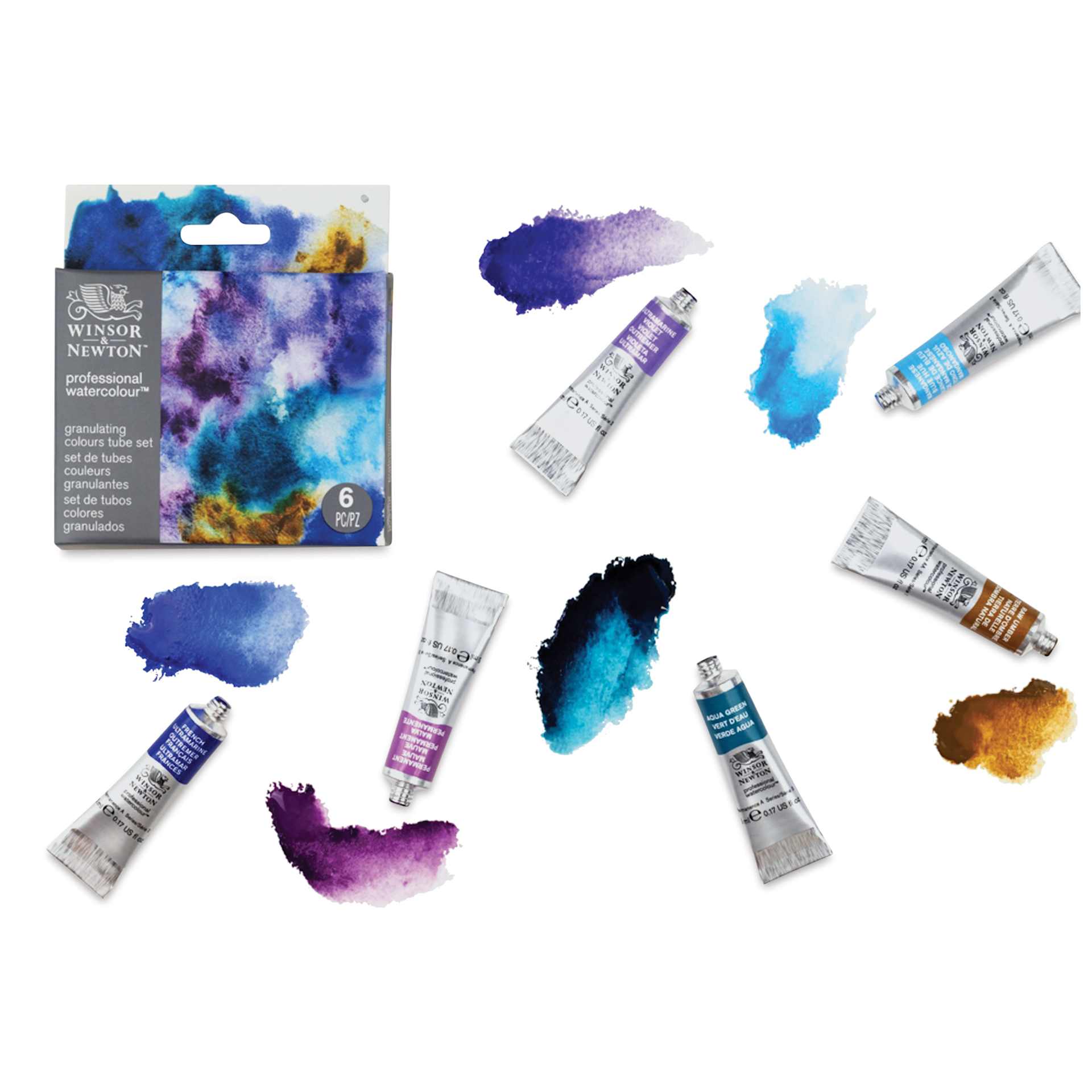 Winsor & Newton Professional Watercolor - Set of 6, Granulating, 5 ml - with paint samples