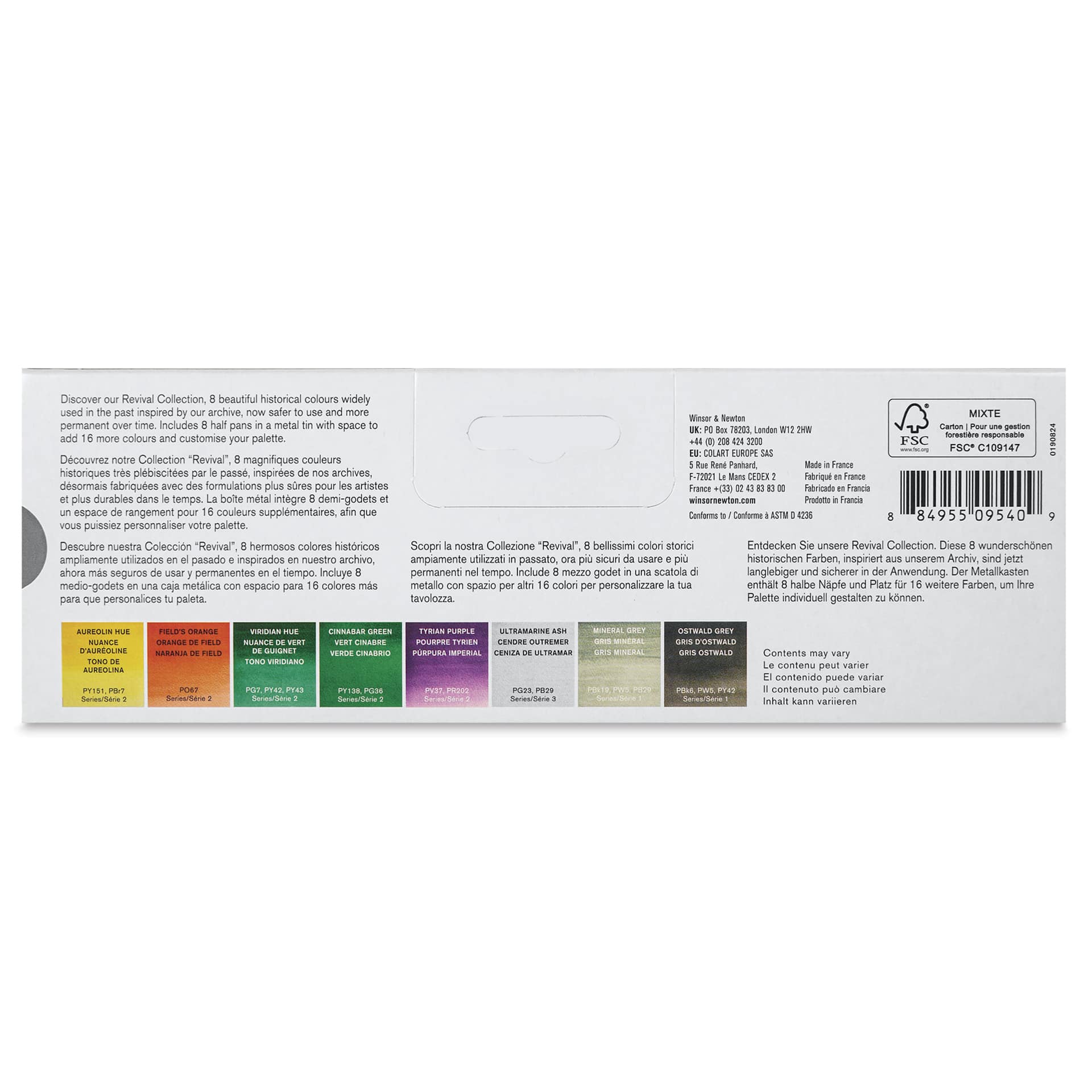 Winsor & Newton Professional Watercolor - Revival Collection, Set of 8, Half Pan back of package