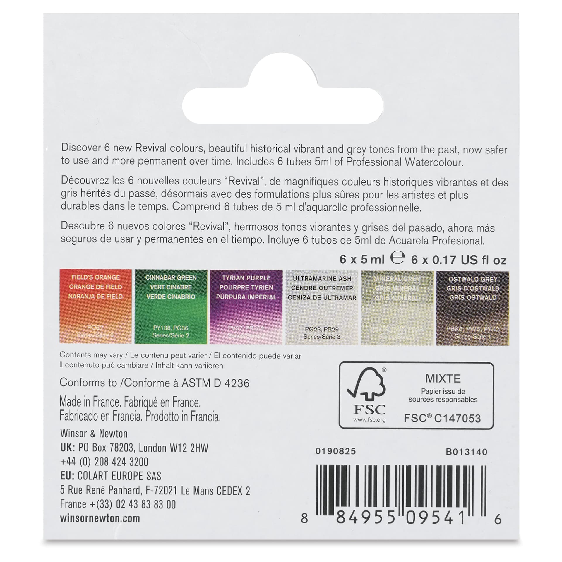 Winsor & Newton Professional Watercolors - Revival Collection, Set of 6, 5 ml back of package