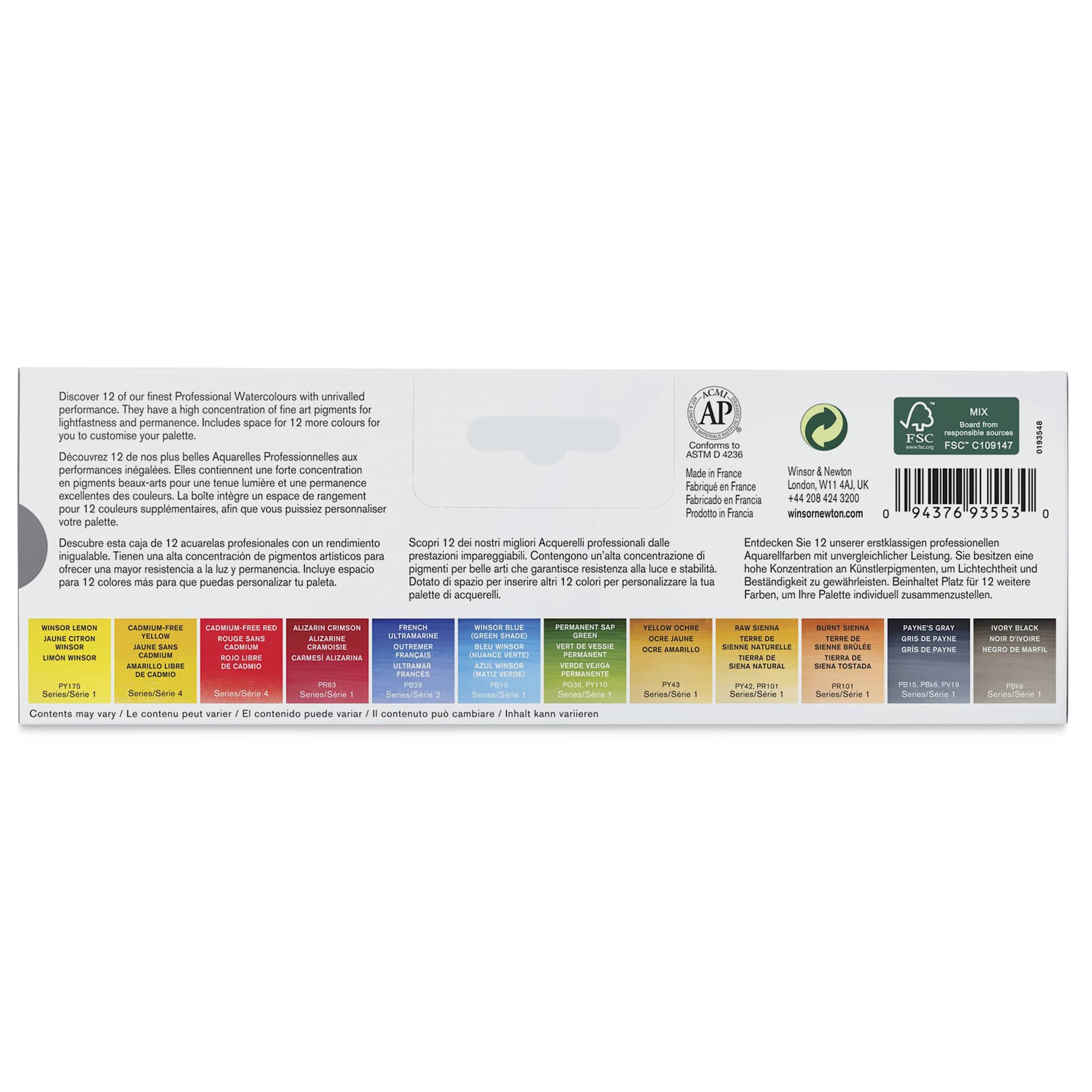Winsor & Newton Professional Watercolor - Set of 12 Customizable Travel Tin, Assorted - back of packaging